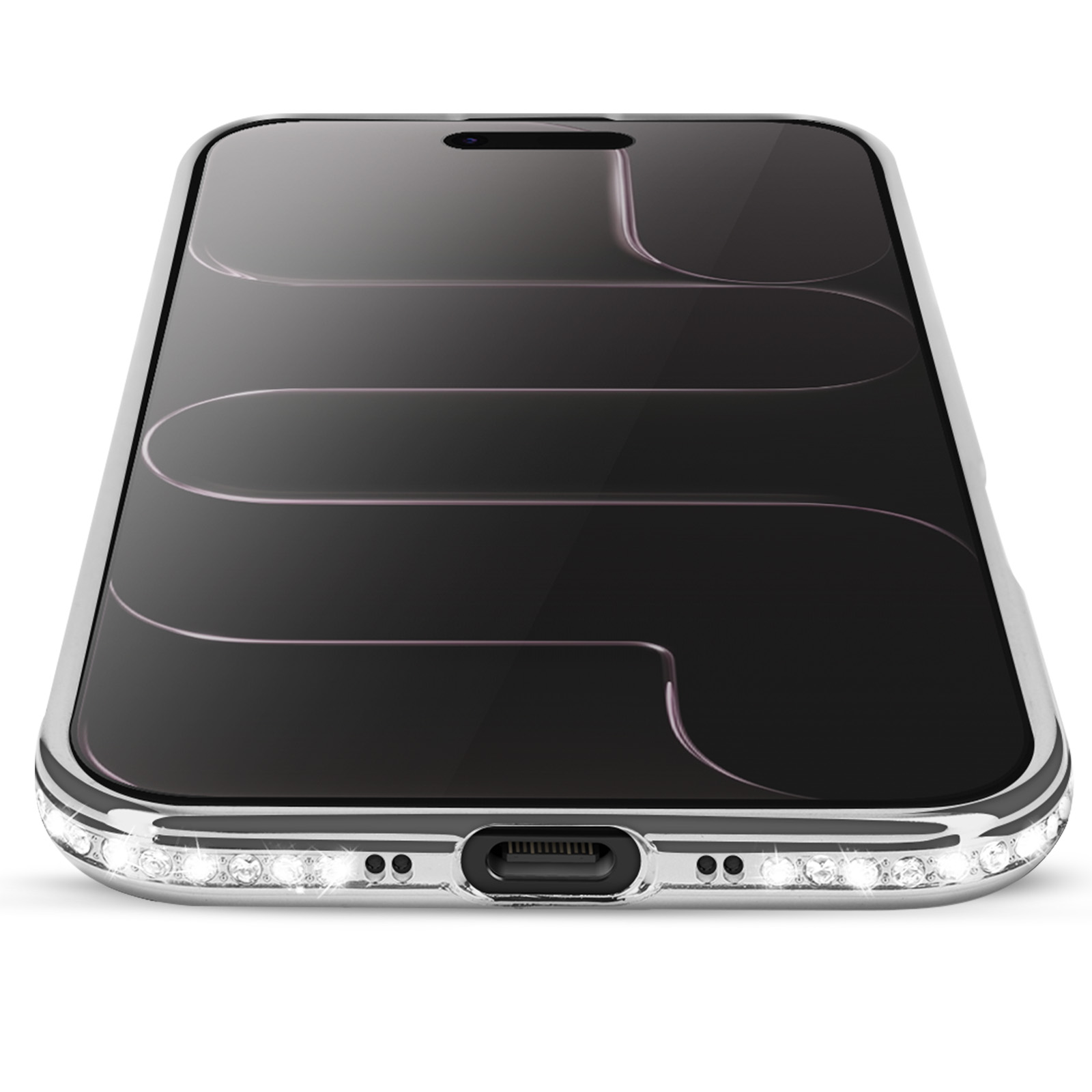 Een smartphone met een zwart scherm en een zilveren frame. Strass-steentjes op de onderrand.