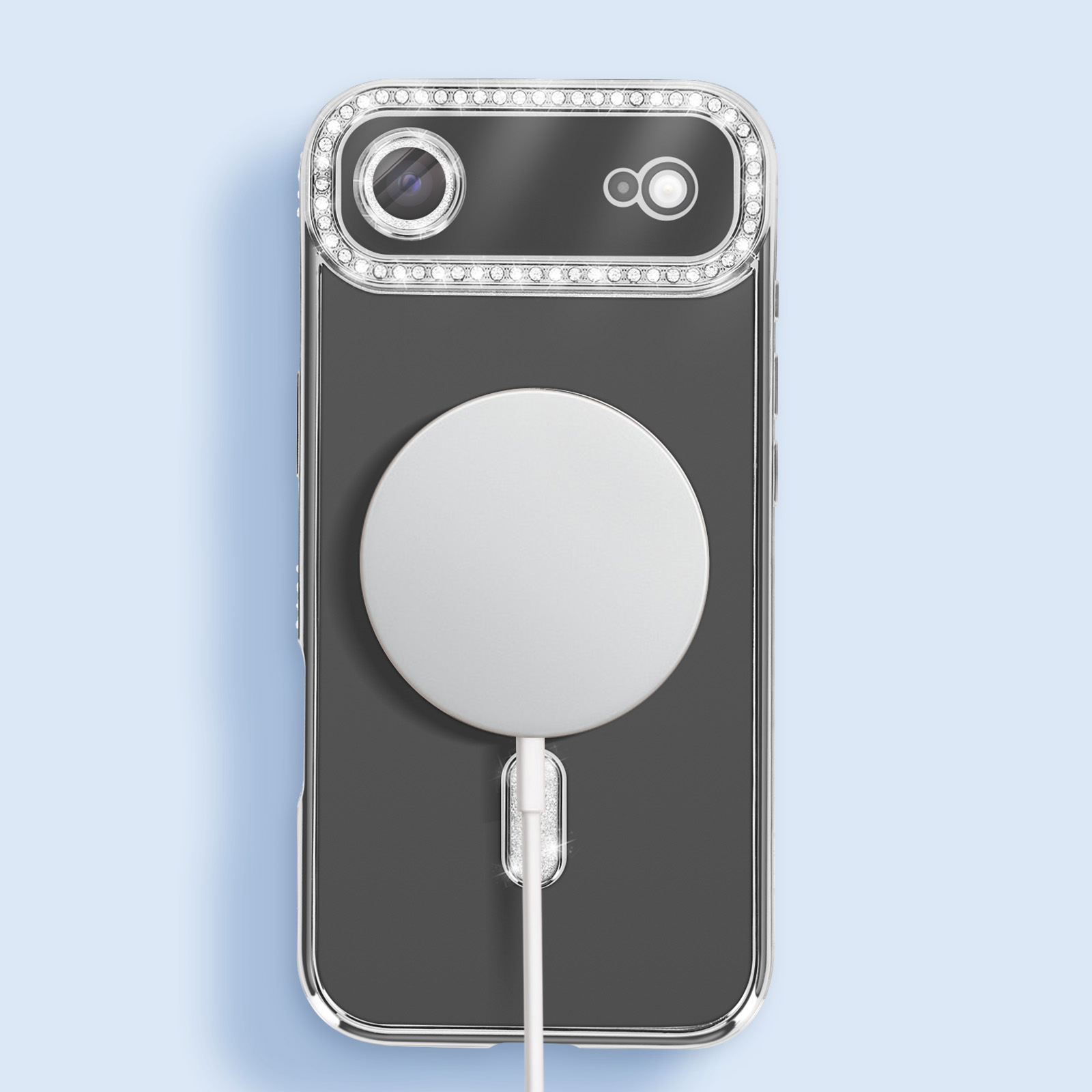 Een telefoonhoesje met een camera en een witte cirkel, verbonden met een kabel, op een lichtblauwe achtergrond.