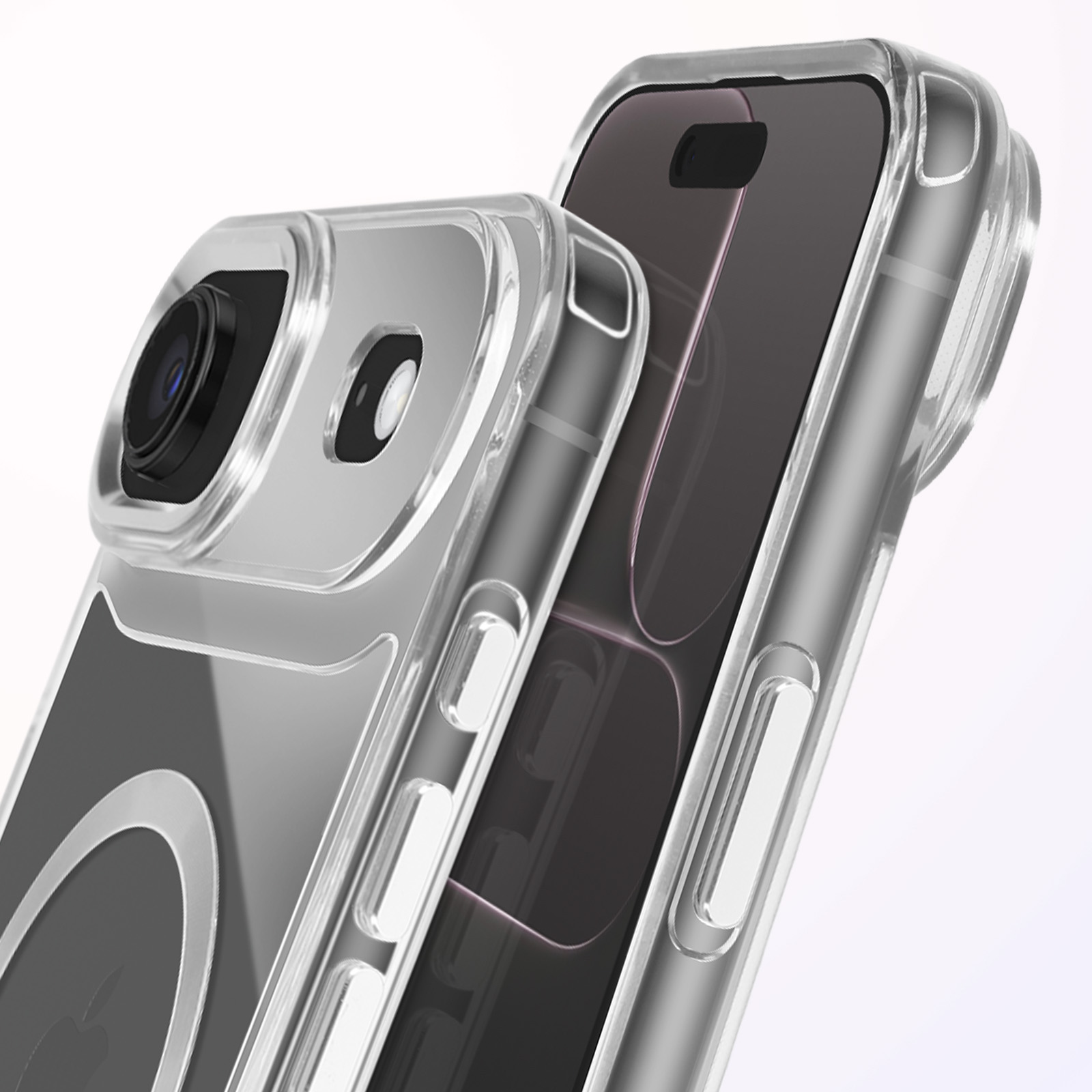 Twee doorzichtige telefoonhoesjes. Eén met camera en flitser. De tweede toont het scherm.