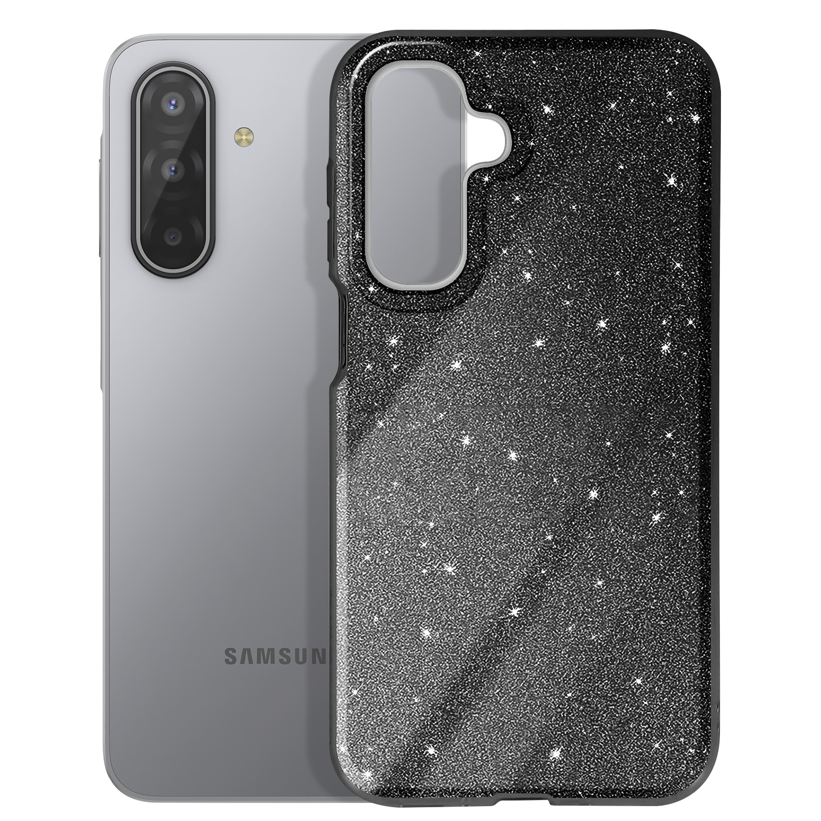 Un téléphone dans un étui noir scintillant. Le téléphone est argenté et l'étui a des paillettes en forme d'étoiles.