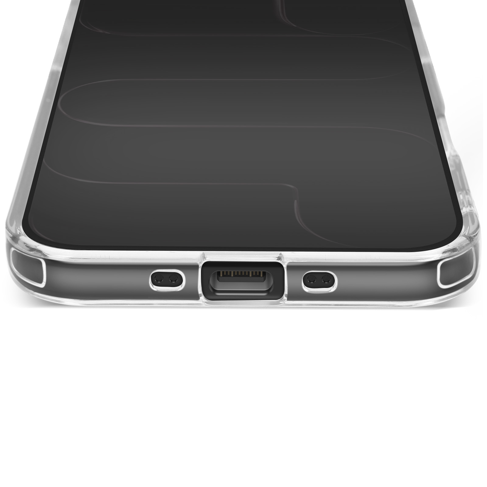 Een doorzichtige telefoonhoes met zwart scherm op een witte ondergrond. De onderkant heeft oplaad- en luidsprekergaten.