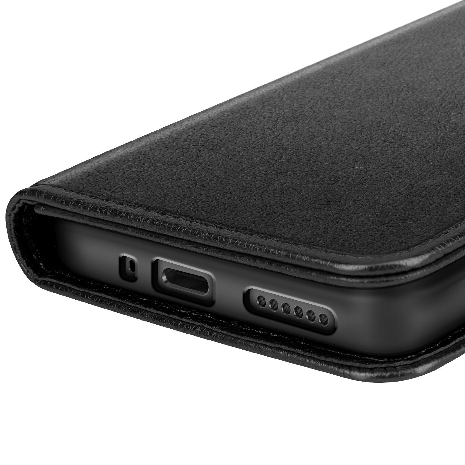 Primo piano di una custodia nera per telefono. La custodia è realizzata in materiale strutturato, con una porta e fori per altoparlanti visibili.