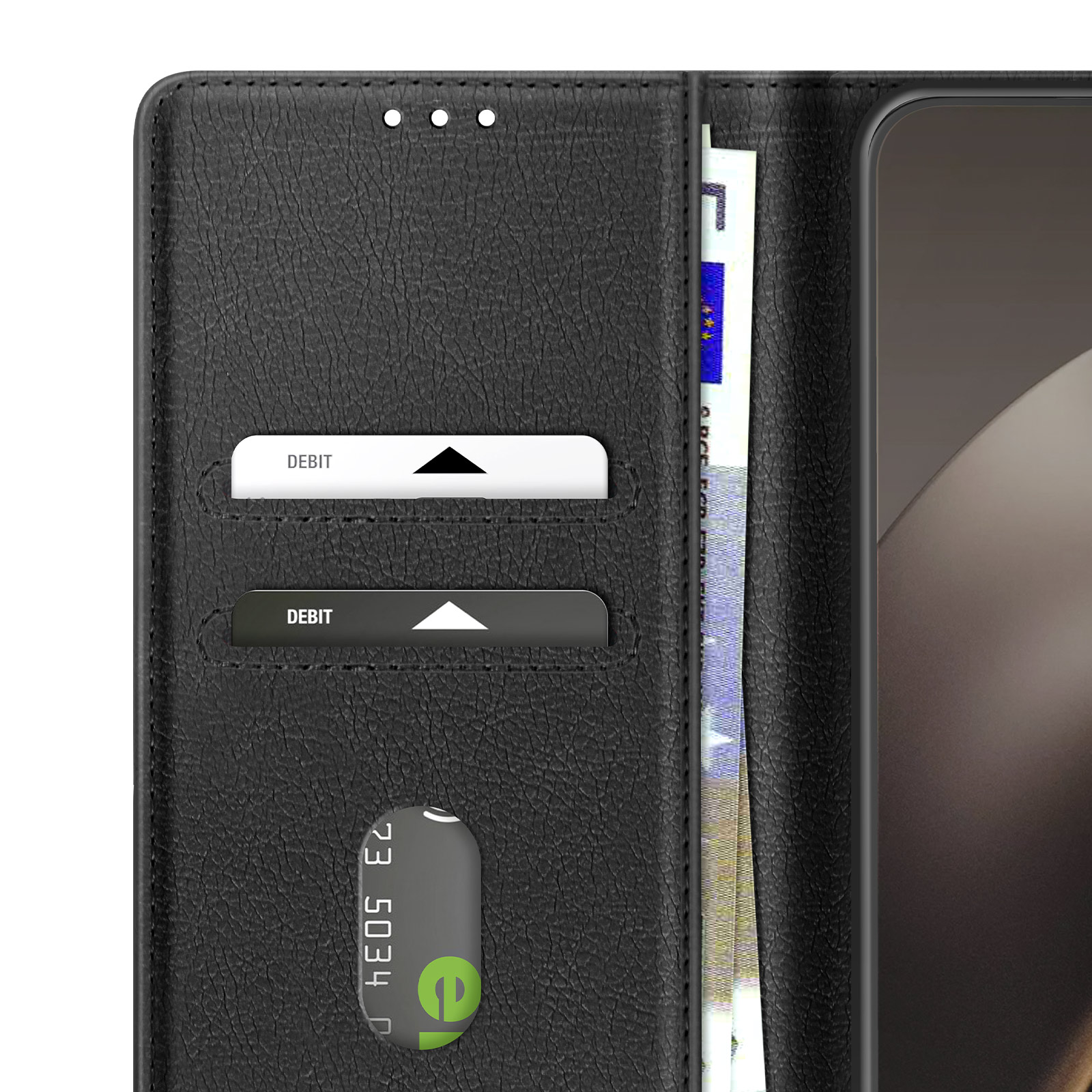 Portafoglio in pelle nera con carte di debito e contanti. Un telefono è visibile a destra. Il portafoglio è aperto.