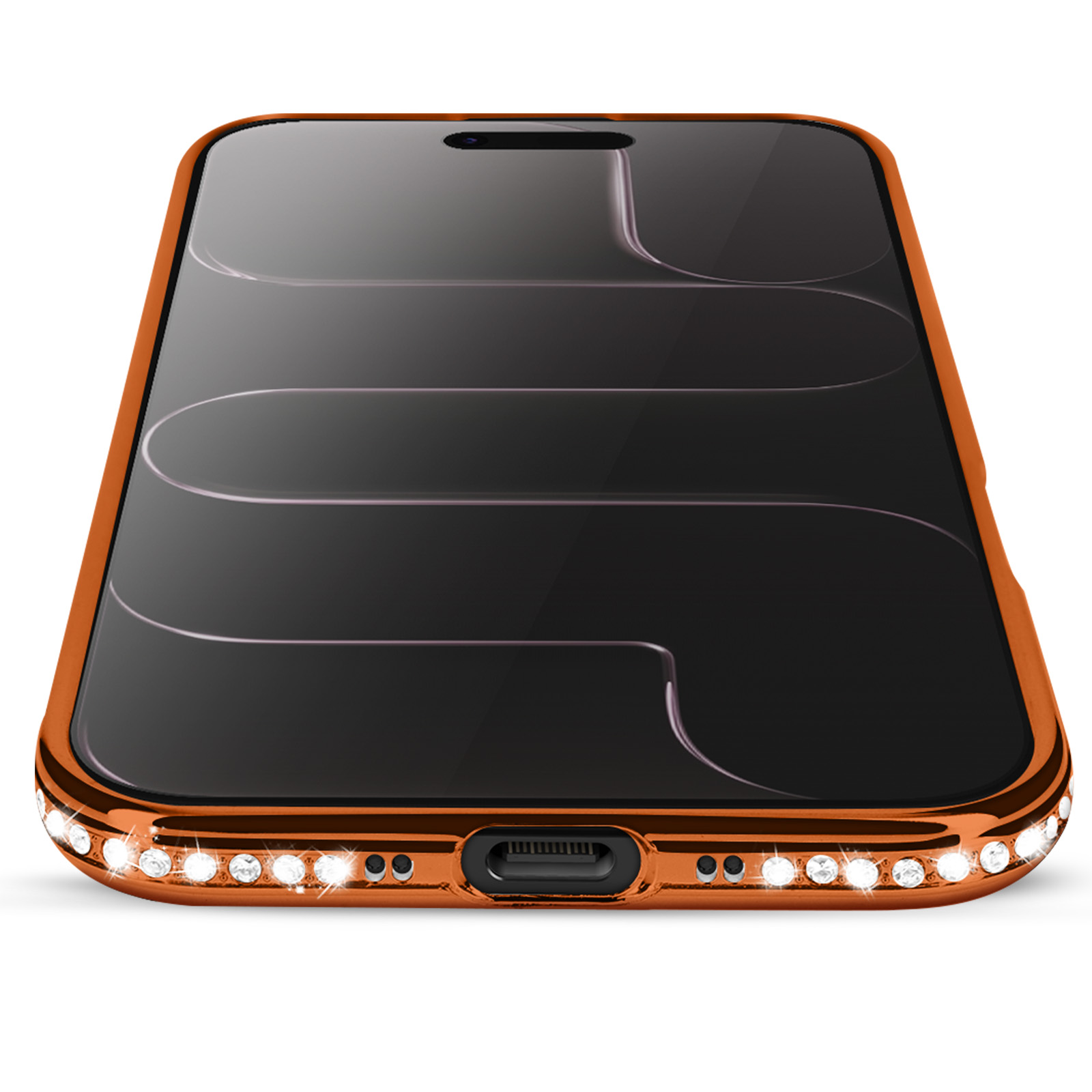 Een oranje telefoonhoesje met een zwart scherm. Strass-steentjes omzomen de onderrand.