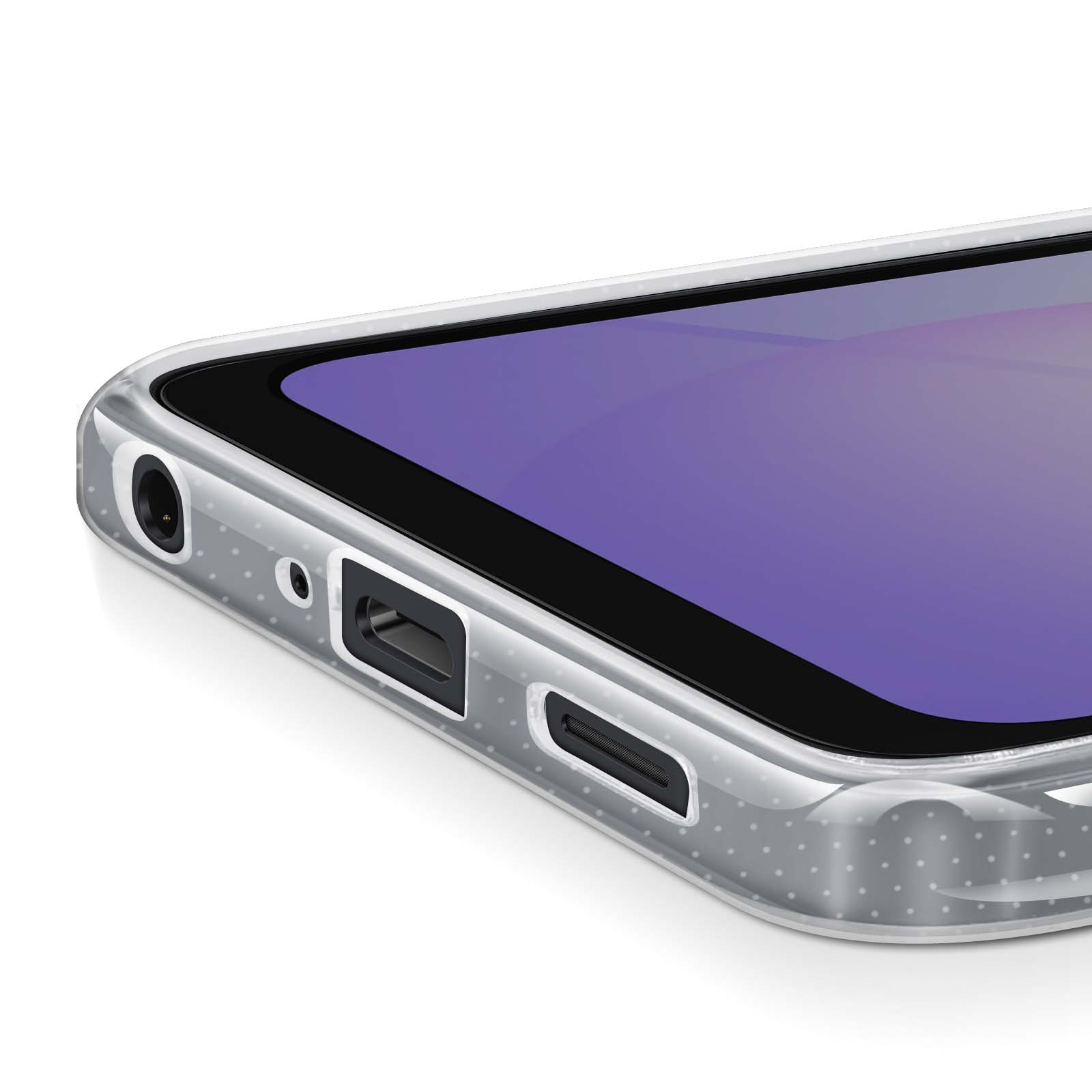 Nahaufnahme eines Smartphones mit transparenter Hülle. Der Bildschirm zeigt violette Farbtöne. Die Hülle hat kleine weiße Punkte.