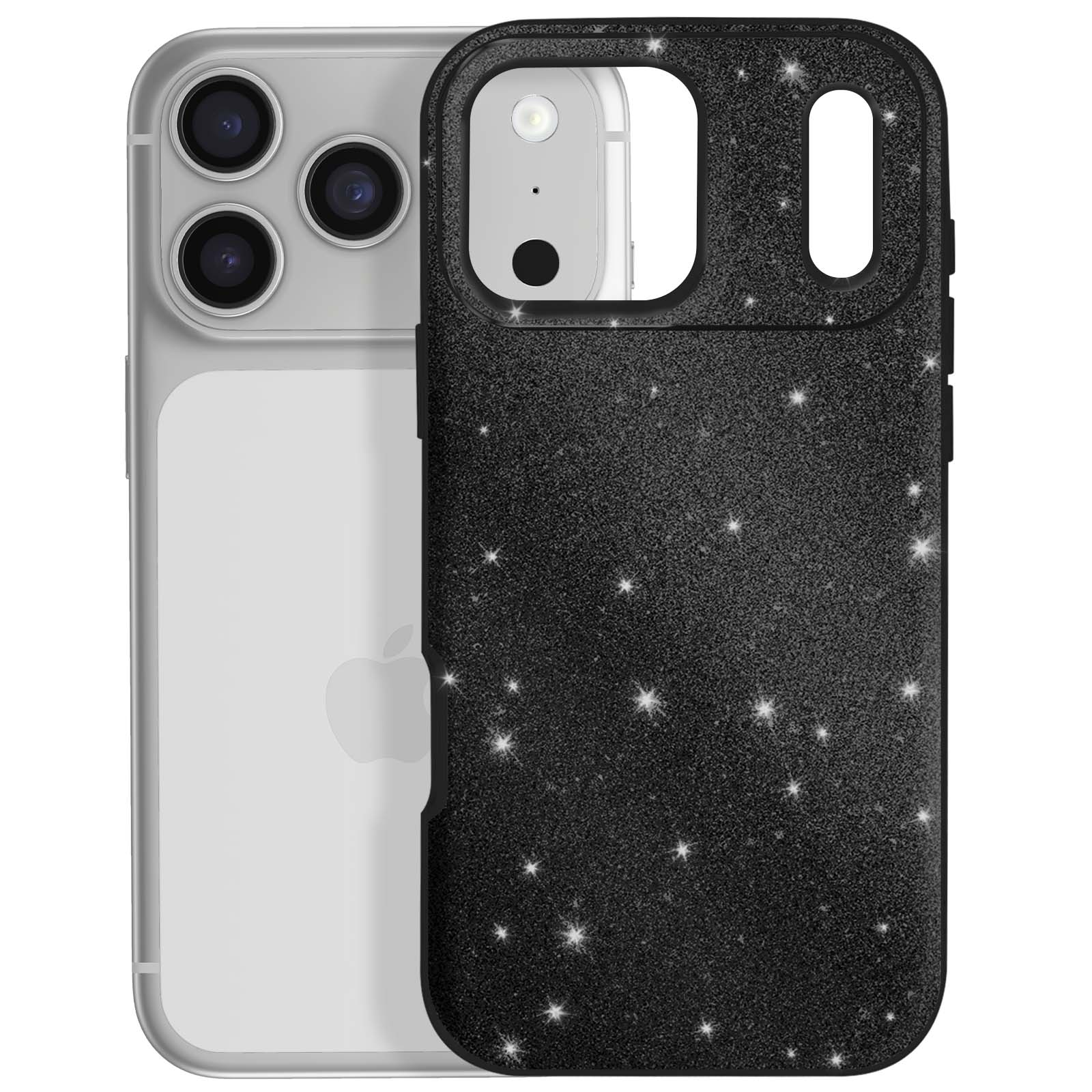 Een telefoon in een zwarte, sprankelende hoes. De telefoon is zilverkleurig en de hoes heeft stervormige glitter.