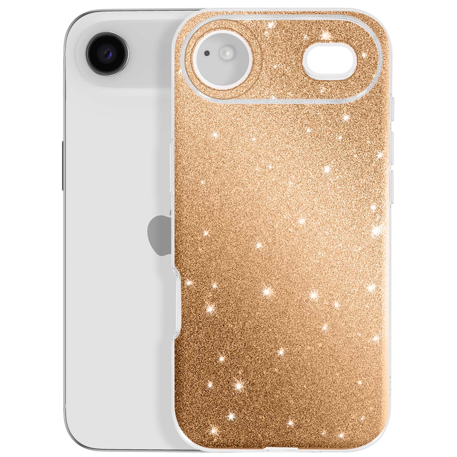 Un iPhone blanc avec une coque dorée à paillettes. La coque a des ouvertures pour l'appareil photo et le flash.