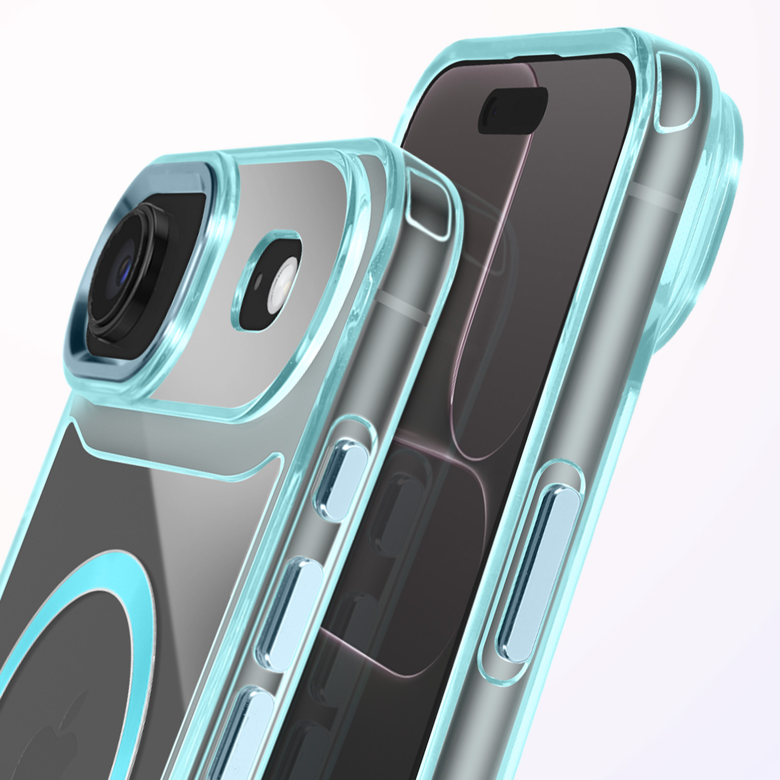 Twee smartphones met transparante turquoise hoesjes. Eén telefoon toont de camera; de andere staat schuin.