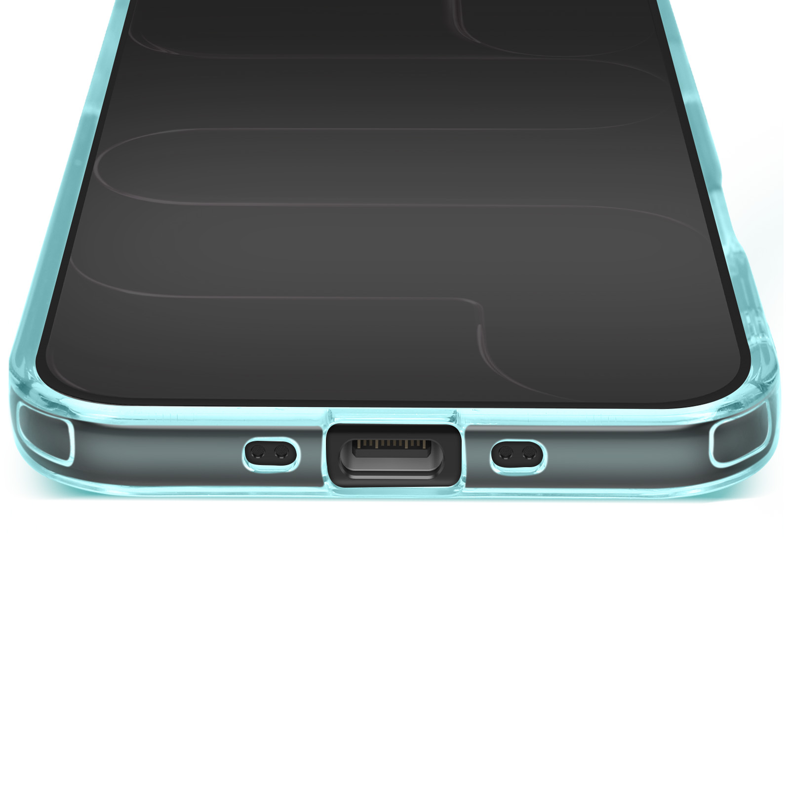 Een telefoonhoesje, transparant met een turquoise rand, wordt getoond. De onderkant heeft een oplaadpoort en luidsprekergaten.