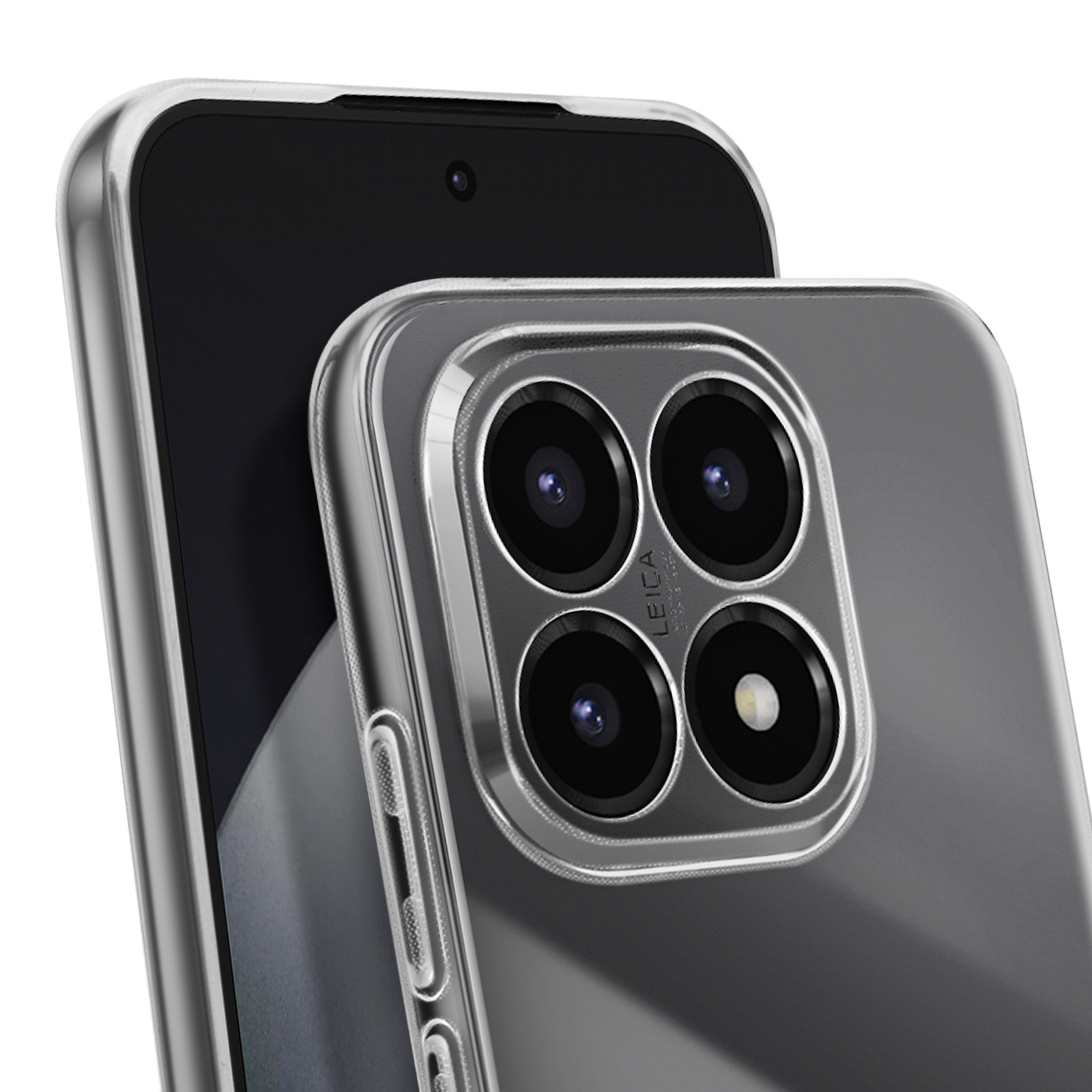 Primo piano di uno smartphone con custodia trasparente. Visibili gli obiettivi della fotocamera e la fotocamera frontale.