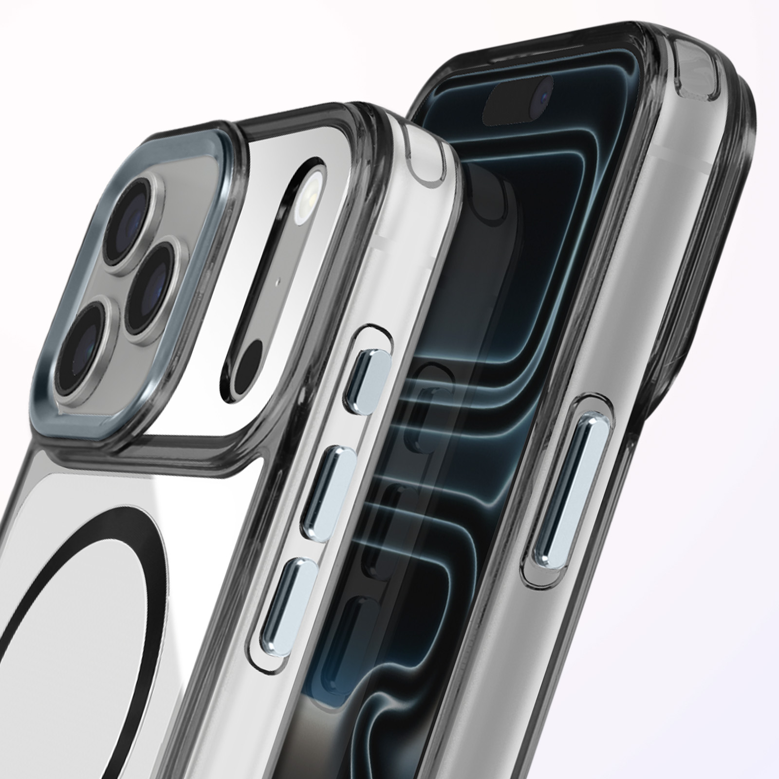 Coques de téléphone transparentes montrant l'appareil photo et les boutons latéraux. Une coque a un dos transparent, l'autre noir.