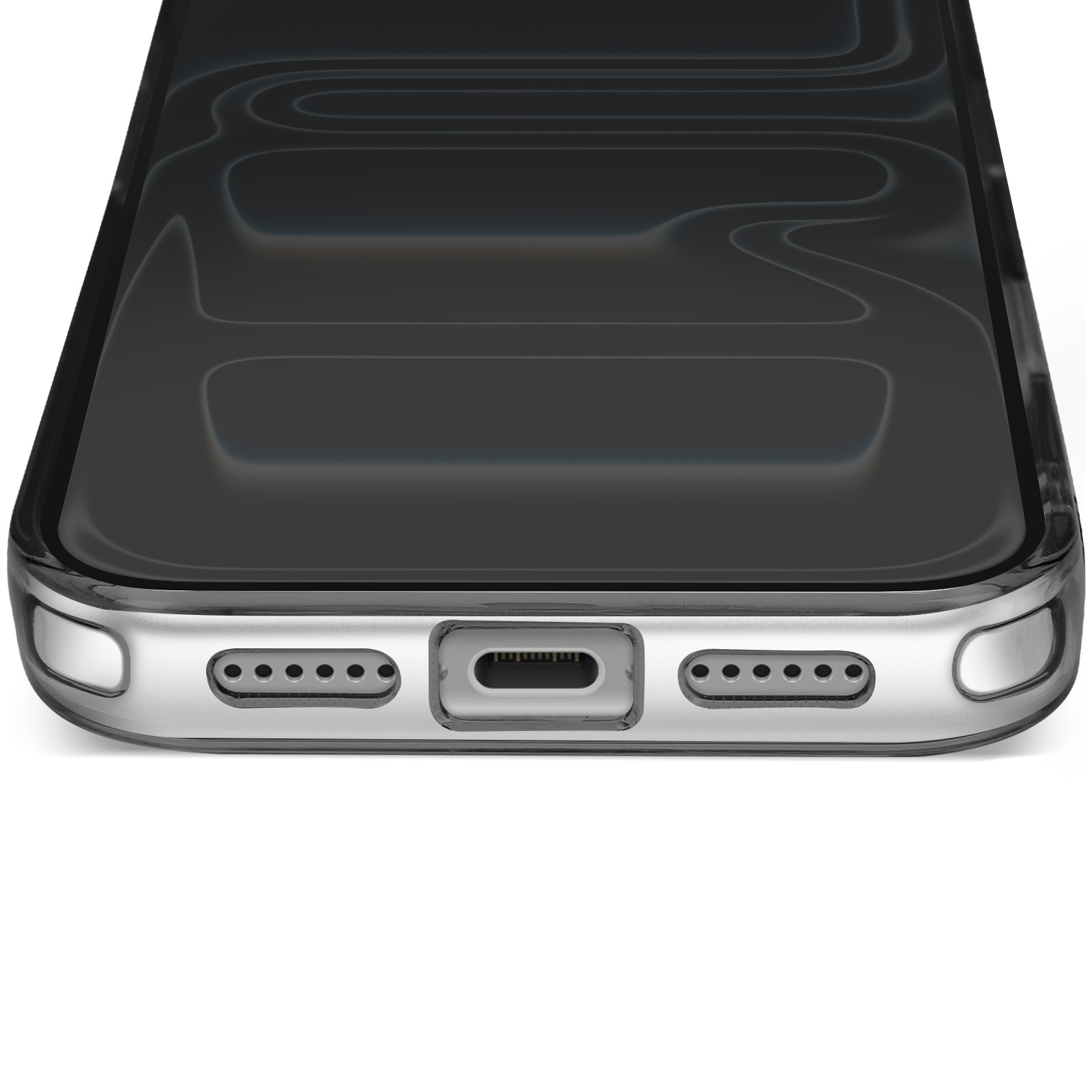 Gros plan du bord inférieur d'un téléphone. Il a un port de charge, des trous de haut-parleur et un écran noir avec un motif.