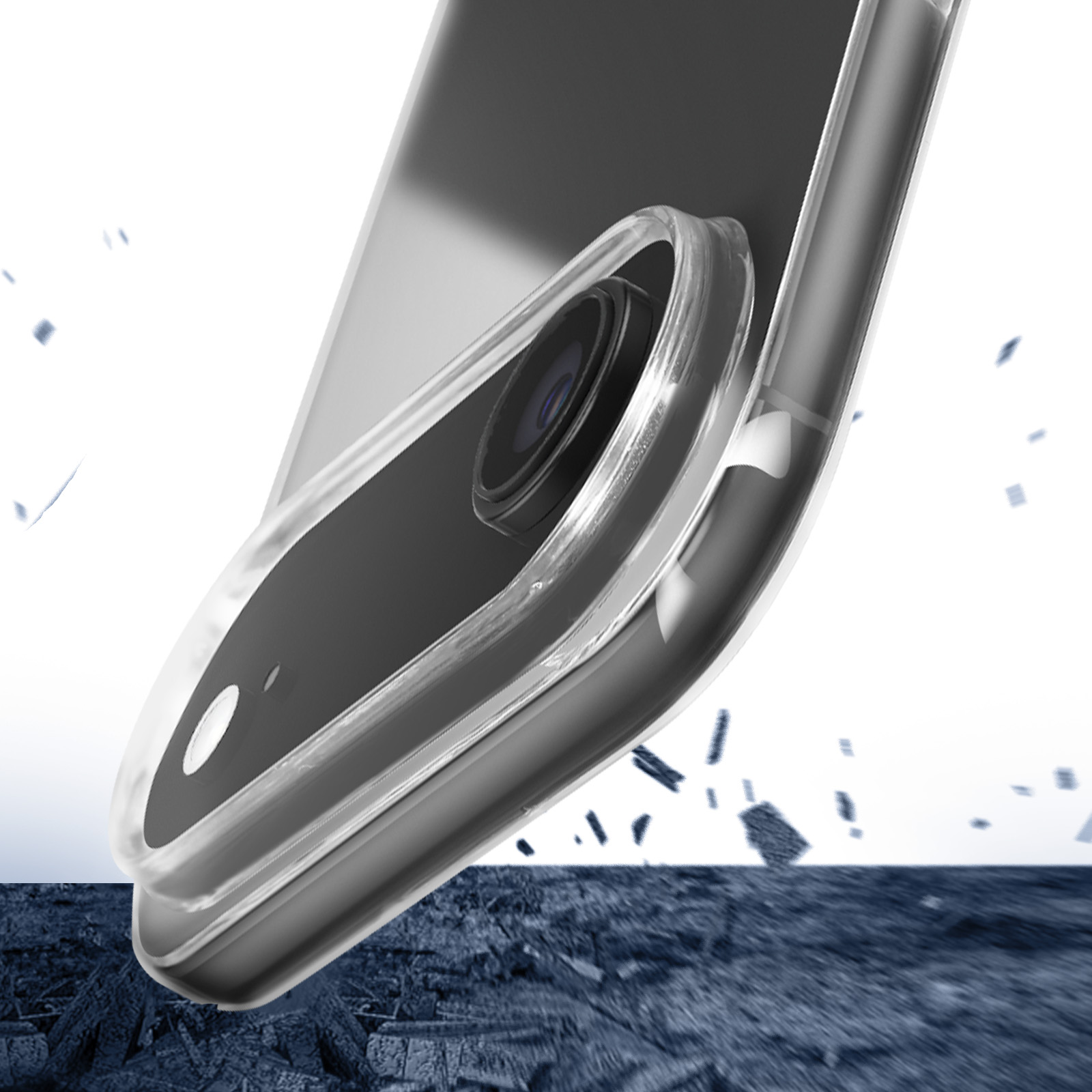 Telefono con custodia trasparente che cade. Obiettivo fotocamera nero visibile. Detriti e superficie blu, sfondo bianco.