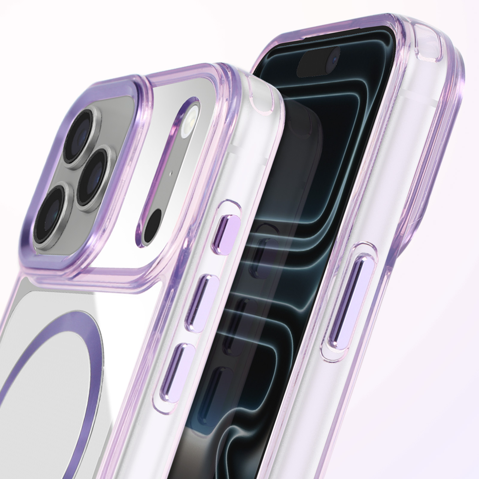 Deux téléphones dans des coques violettes transparentes. L'un affiche un écran noir, l'autre a des lentilles de caméra. Les deux sont inclinés.