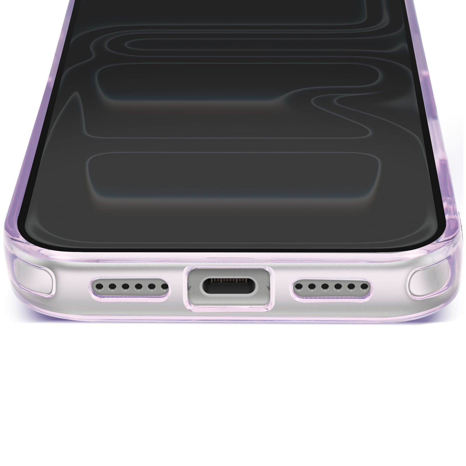 Gros plan d'un téléphone dans un étui violet transparent. L'écran est sombre avec un motif. Le bas comporte des ports et des haut-parleurs.
