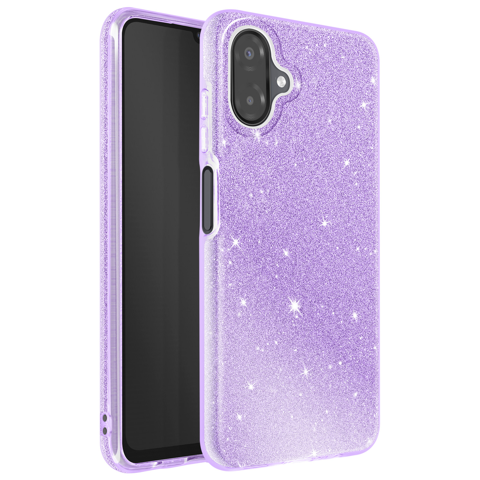 Een glitterende paarse telefoonhoes met een zwart scherm erin. De hoes heeft een camera-uitsparing.