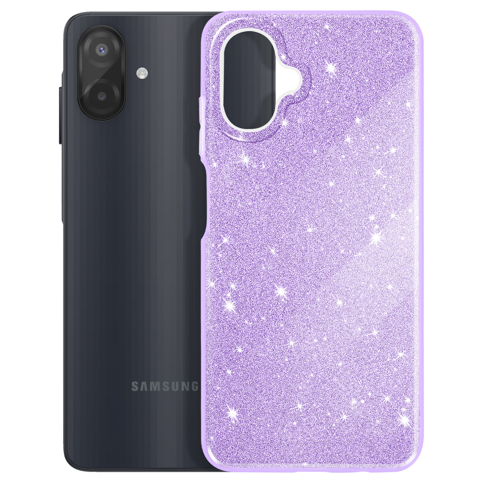 Een Samsung-telefoon met een paarse glittertelefoonhoes. De telefoon is donkergrijs.