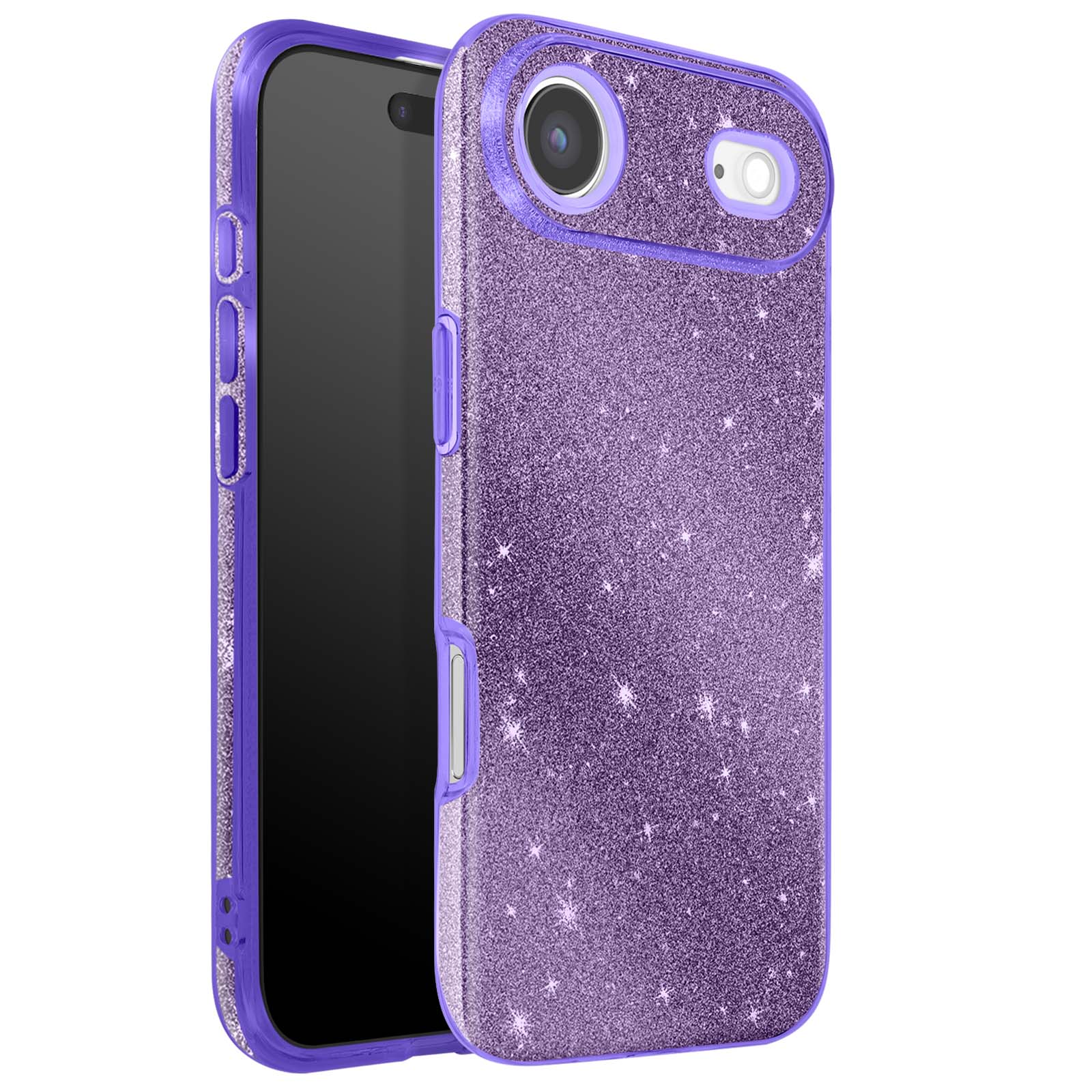 Coque de téléphone à paillettes violettes. Le téléphone est noir. La coque a des découpes pour la caméra et les boutons.