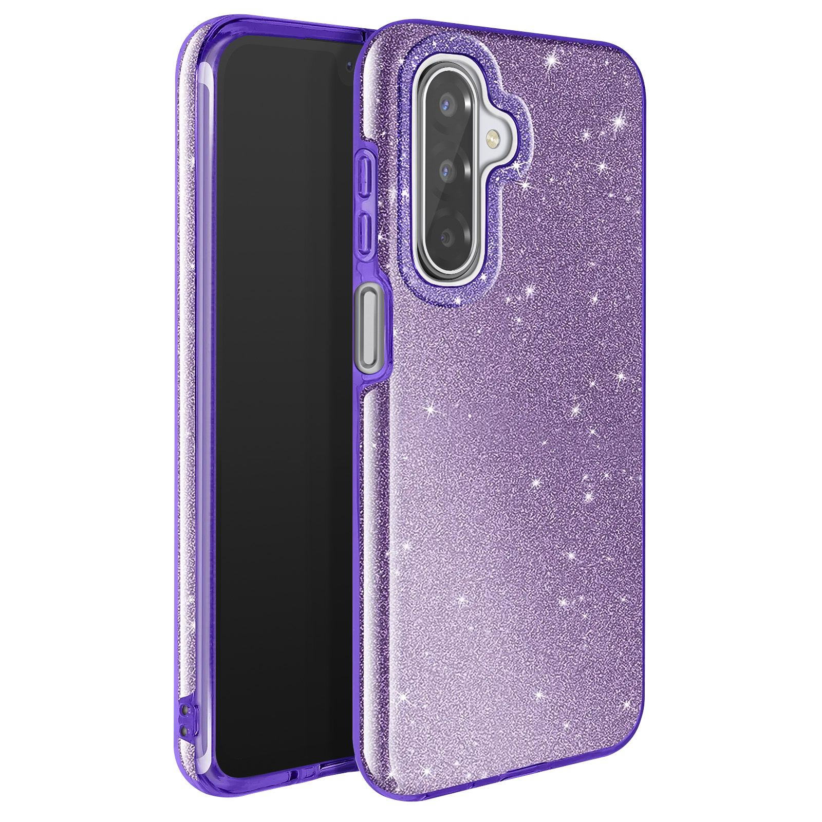 Un étui de téléphone violet pailleté avec un téléphone noir à l'intérieur. L'étui a une découpe pour l'appareil photo et des boutons.