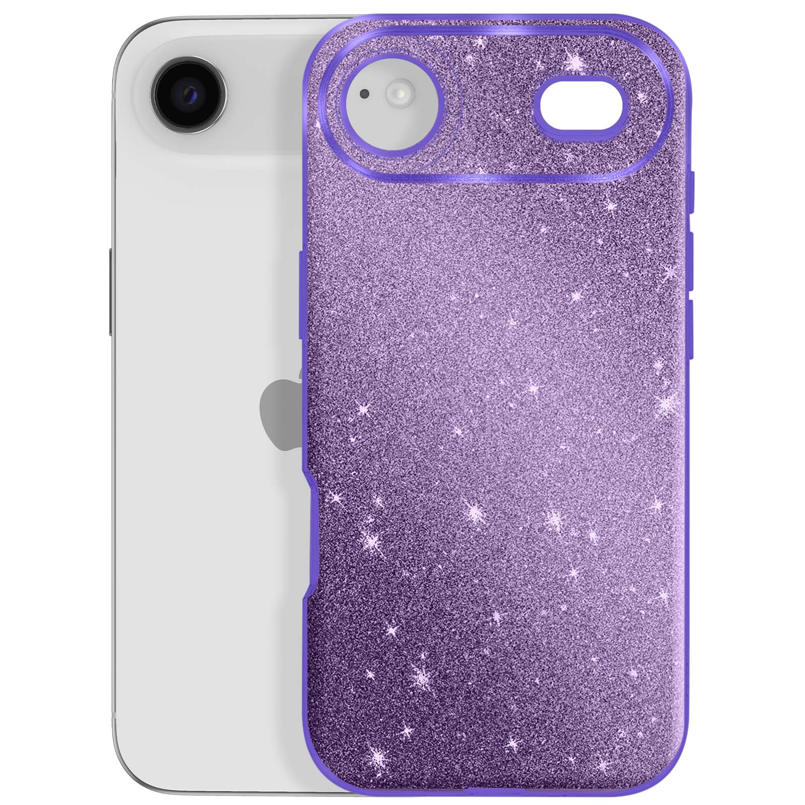 Un téléphone blanc avec un étui violet pailleté. L'étui comporte des ouvertures pour l'appareil photo et les boutons.