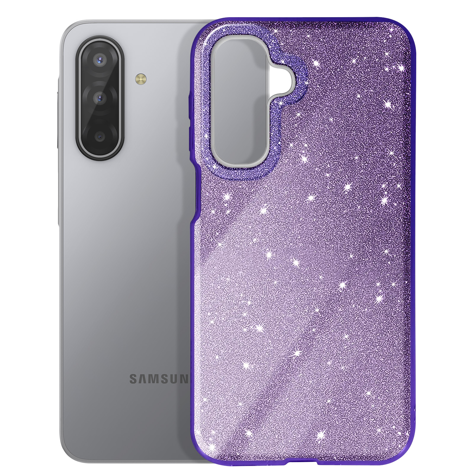 Un téléphone Samsung avec une coque violette à paillettes. La coque a un design brillant en forme d'étoiles.