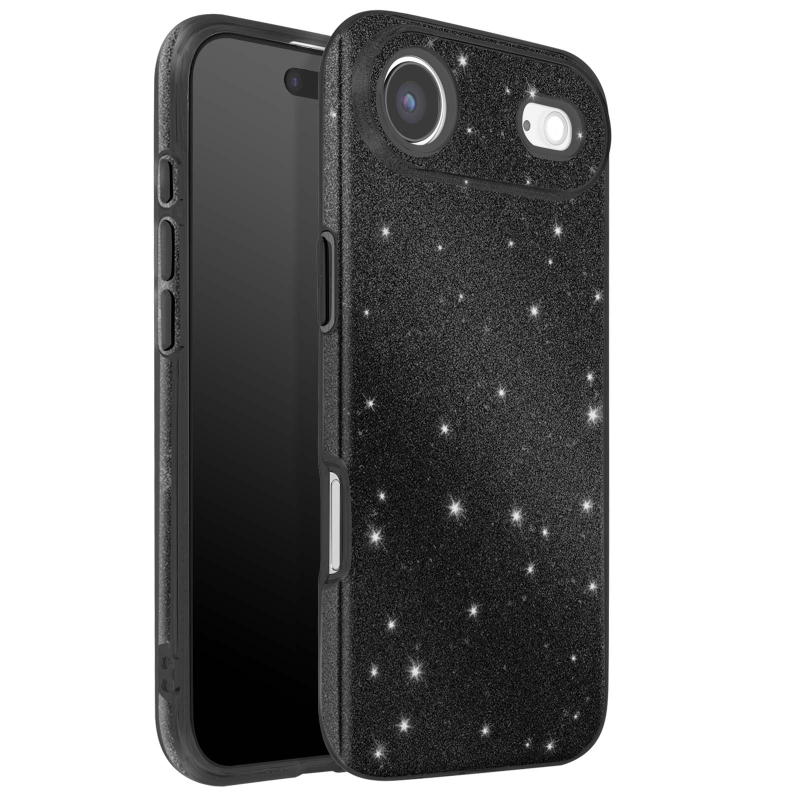 Un téléphone dans un étui noir scintillant. L'étui a des découpes pour l'appareil photo et des cache-boutons.