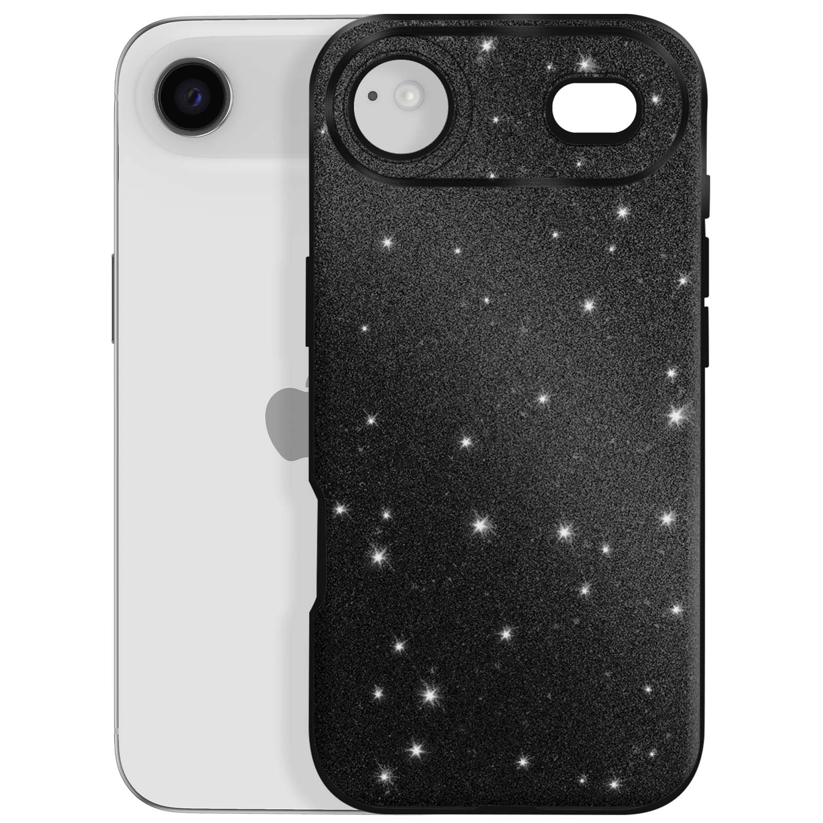 Un iPhone blanc avec un étui noir étoilé. L'étui a des ouvertures pour l'appareil photo et le flash.