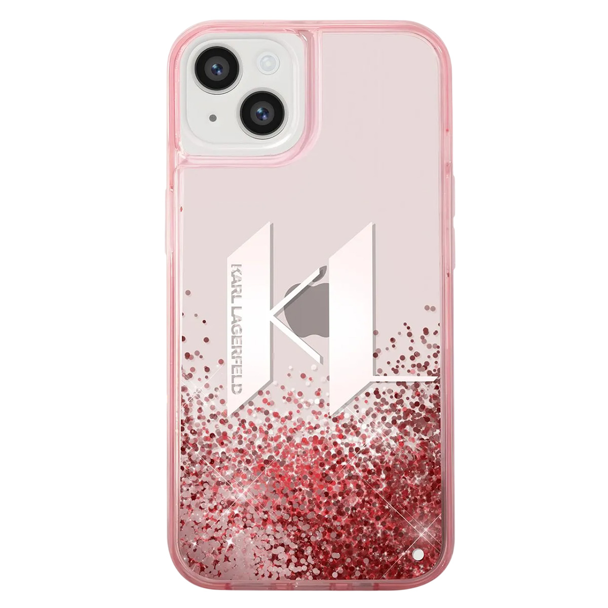Una custodia rosa per telefono con glitter rossi e logo bianco di Karl Lagerfeld, su un telefono con doppia fotocamera.