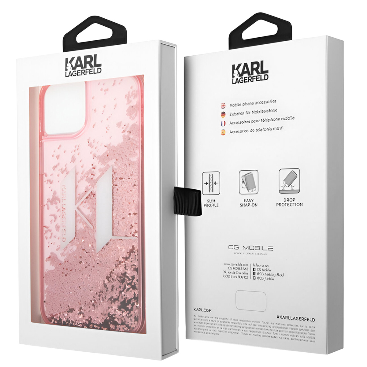 Una scatola per custodia del telefono con un design glitterato rosa e il logo Karl Lagerfeld. La scatola è bianca con dettagli neri.
