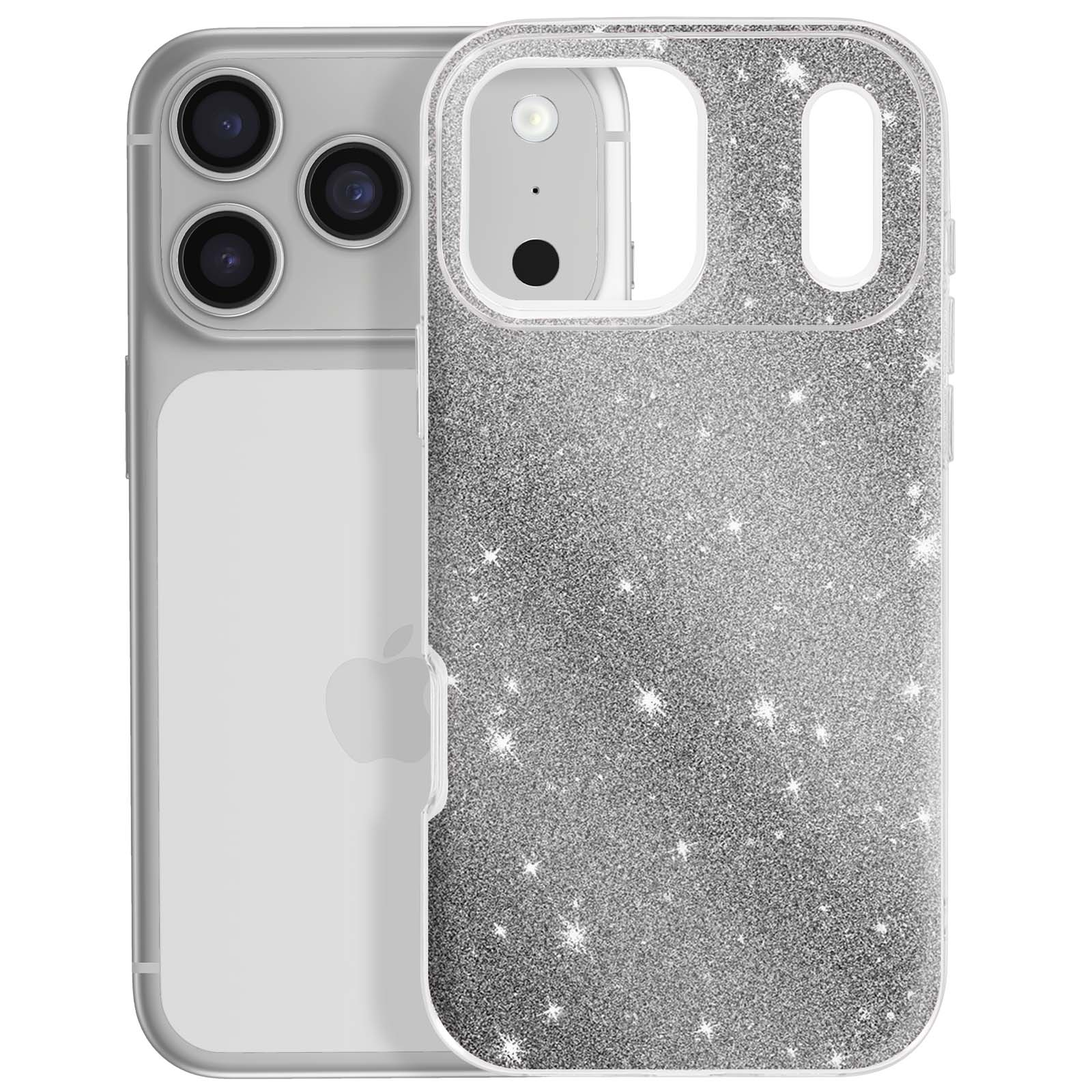 Een transparante iPhone met een glinsterende zilveren hoes. De hoes heeft uitsparingen voor de camera en flitser. Apple-logo zichtbaar.