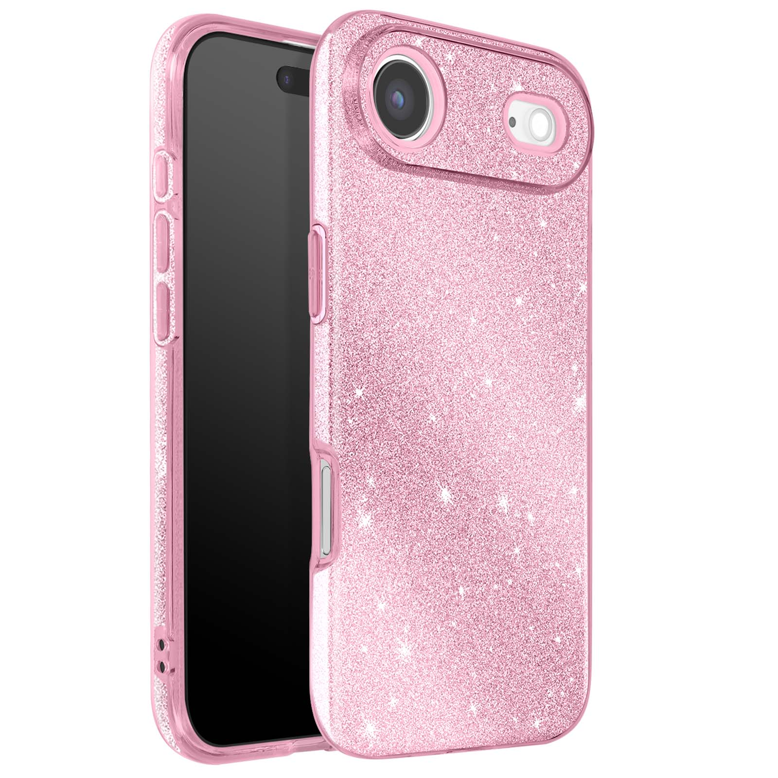 Roze glitter telefoonhoesje met een zwart scherm. De hoes heeft uitsparingen voor de camera en knoppen. De randen zijn transparant.