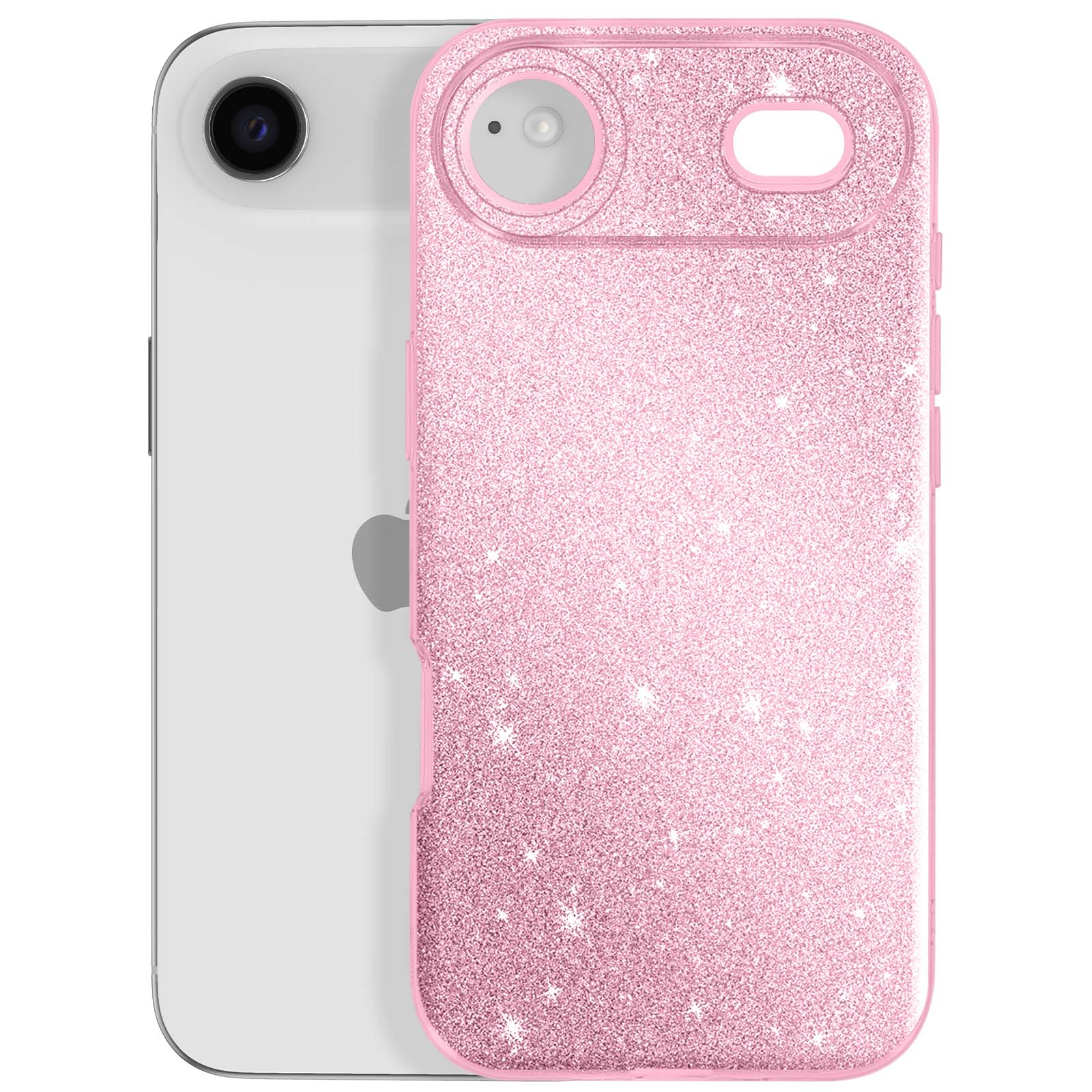Een witte iPhone met een roze glitter hoesje. De hoes bedekt de achterkant en randen.