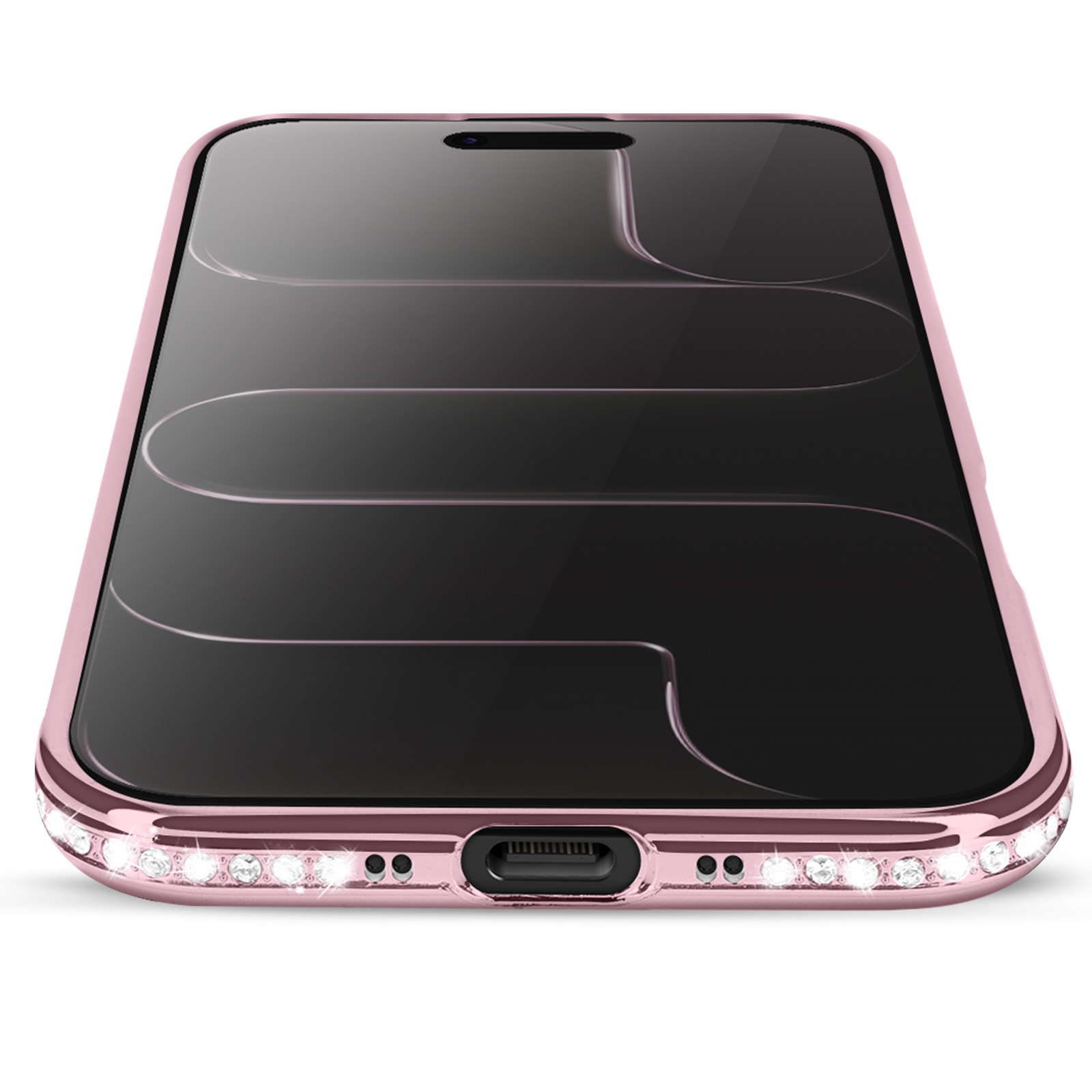 Een roségouden telefoonhoesje met ingebedde kristallen aan de onderkant. Het scherm is zwart, met gebogen designlijnen.