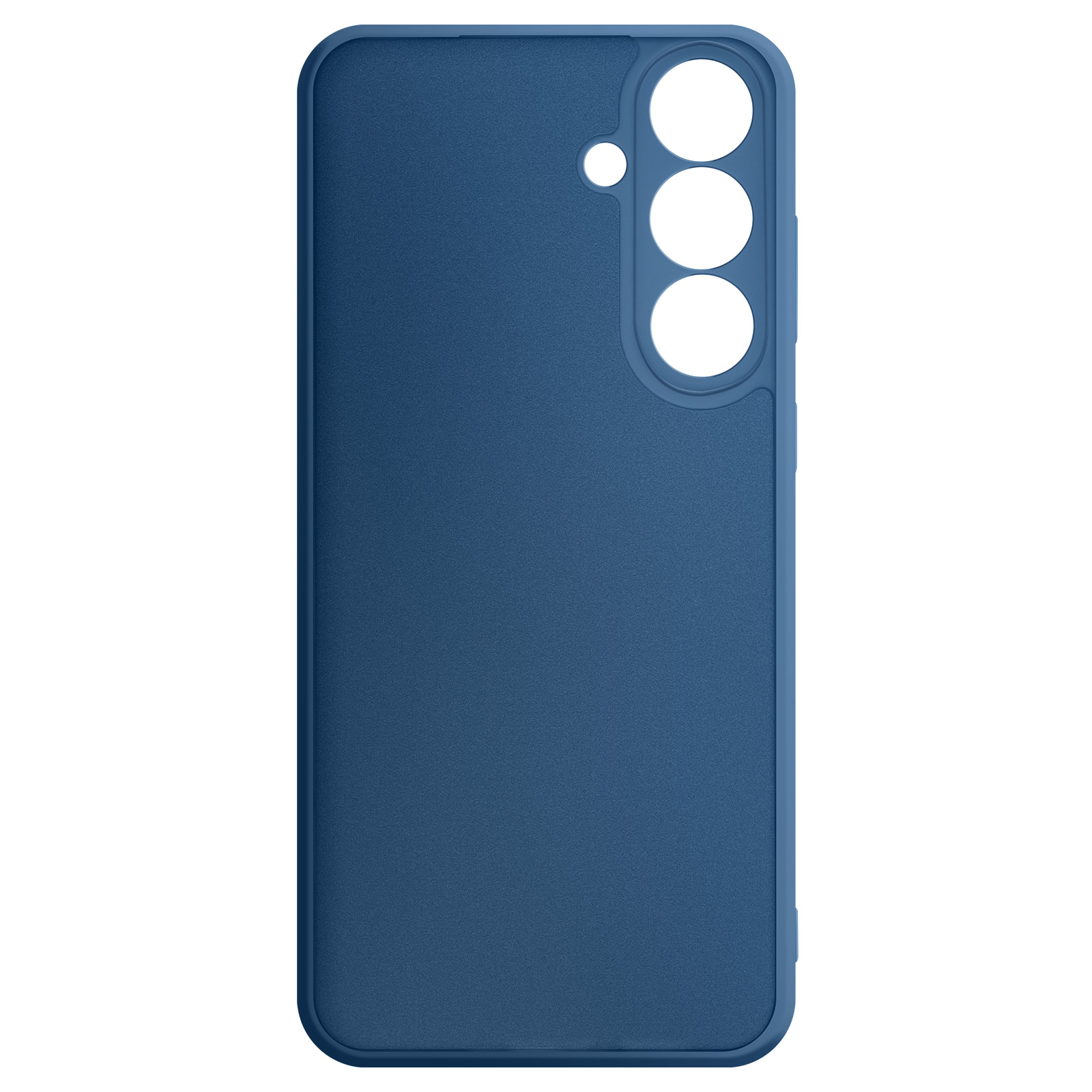 Een donkerblauwe telefoonhoes. Het heeft camera-uitsparingen. Het oppervlak heeft een matte textuur.