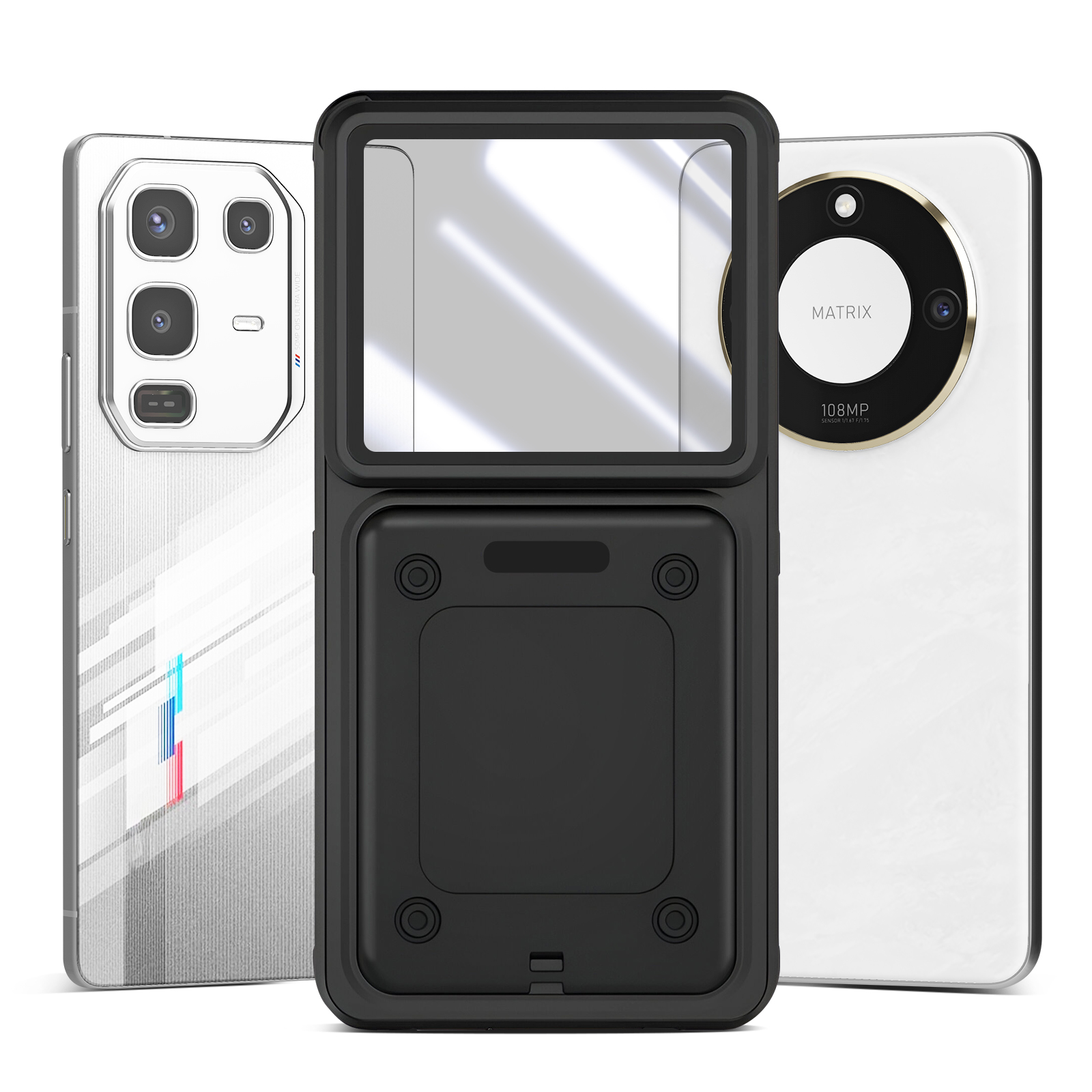 Tre smartphone bianchi con serie di fotocamere e una custodia nera. Il telefono centrale è all'interno della custodia nera.