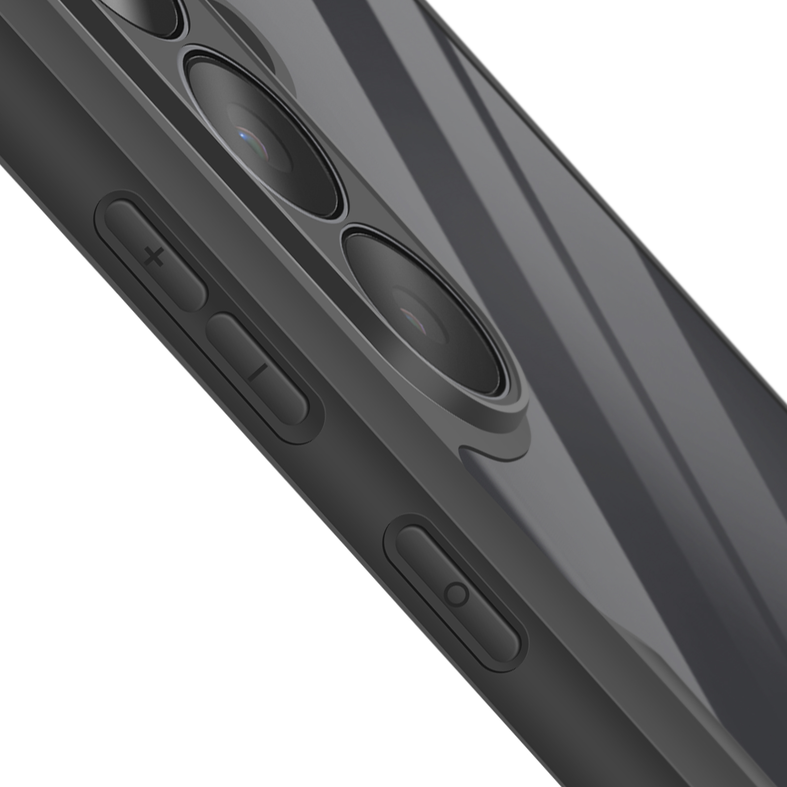 Primo piano di uno smartphone nero. Visibili lenti della fotocamera, pulsanti del volume e pulsante di accensione, il tutto su sfondo bianco.