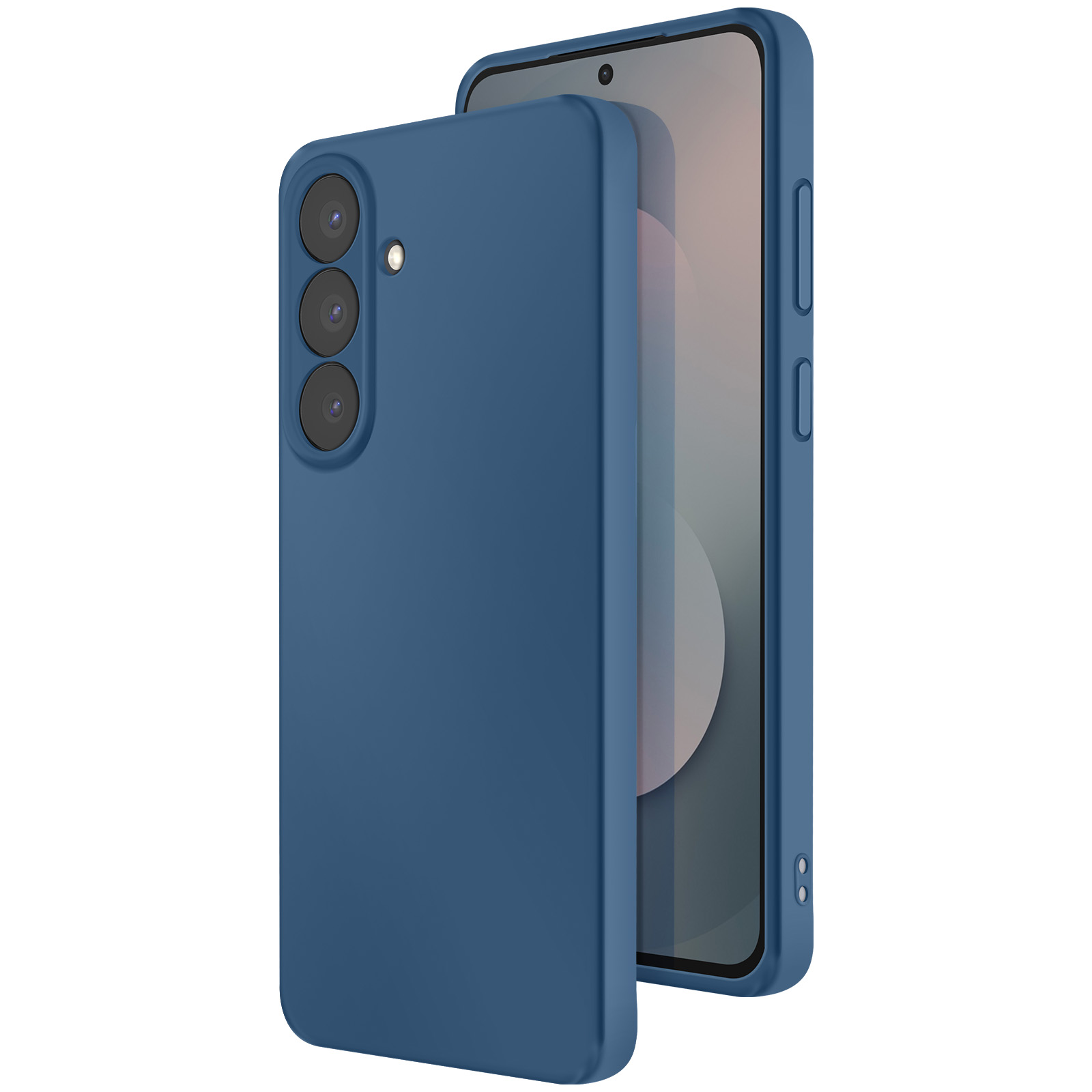 Een blauwe telefoonhoes met een telefoon erin. De hoes heeft uitsparingen voor de camera en knopafdekkingen.