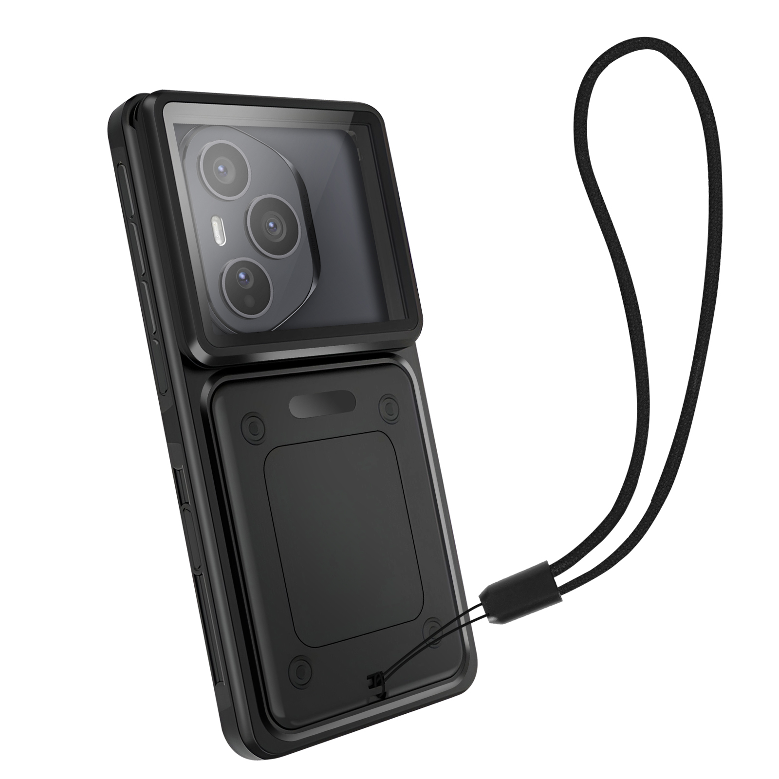 Una custodia nera per telefono con protezione fotocamera e cordino. La custodia ha un design quadrato ed è su sfondo bianco.