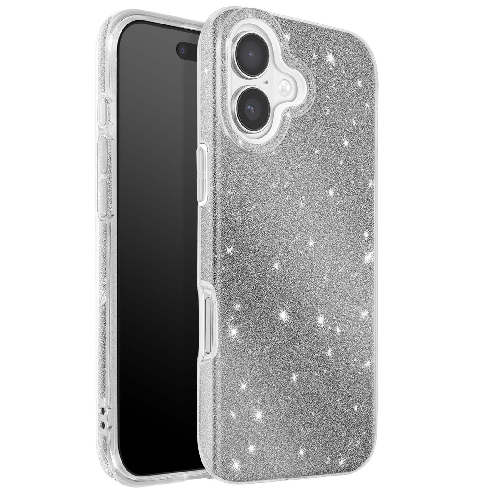 Zilveren glitter telefoonhoesje met zwarte telefoon erin. Transparant frame. Glittertjes zichtbaar.