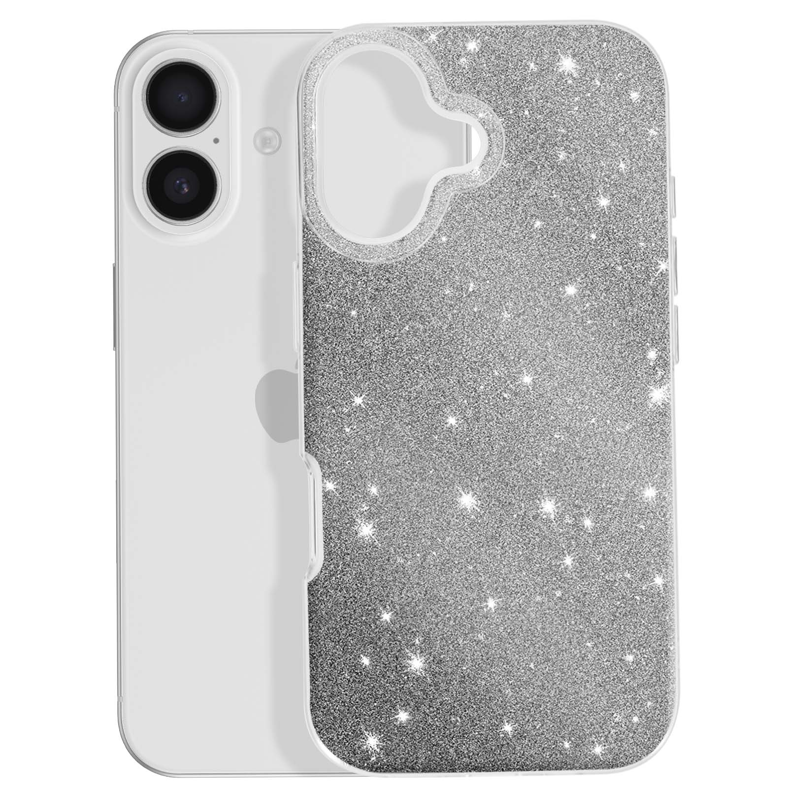 Een transparante iPhone met een sprankelende zilveren hoes. De hoes heeft uitsparingen voor de camera en knoppen.