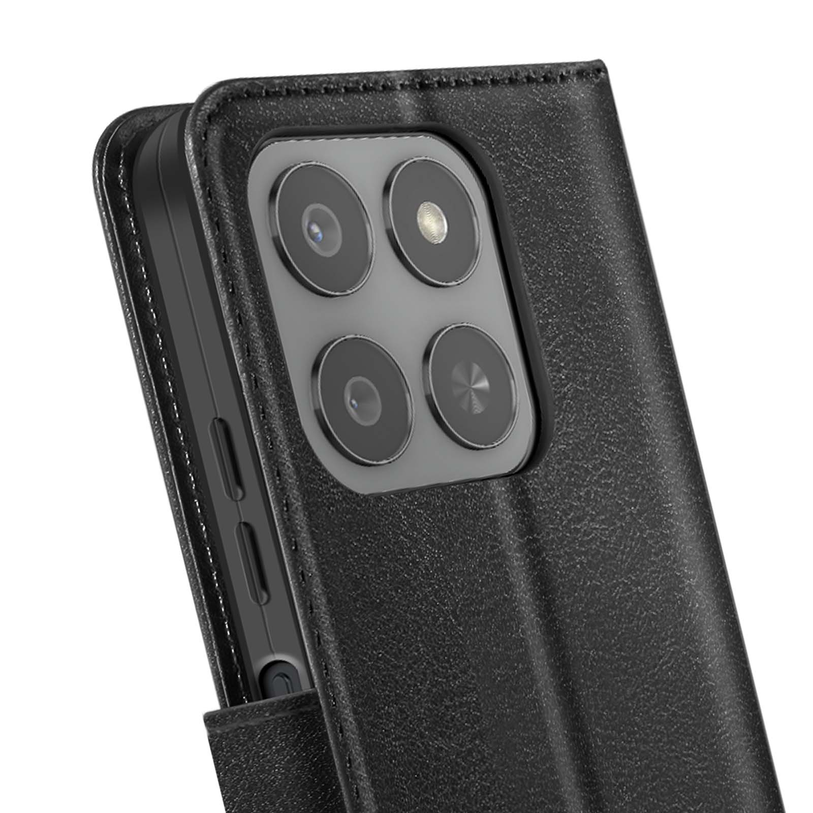 Een close-up van een zwarte telefoonhoes. De hoes heeft een gestructureerd oppervlak en meerdere cameralenzen.