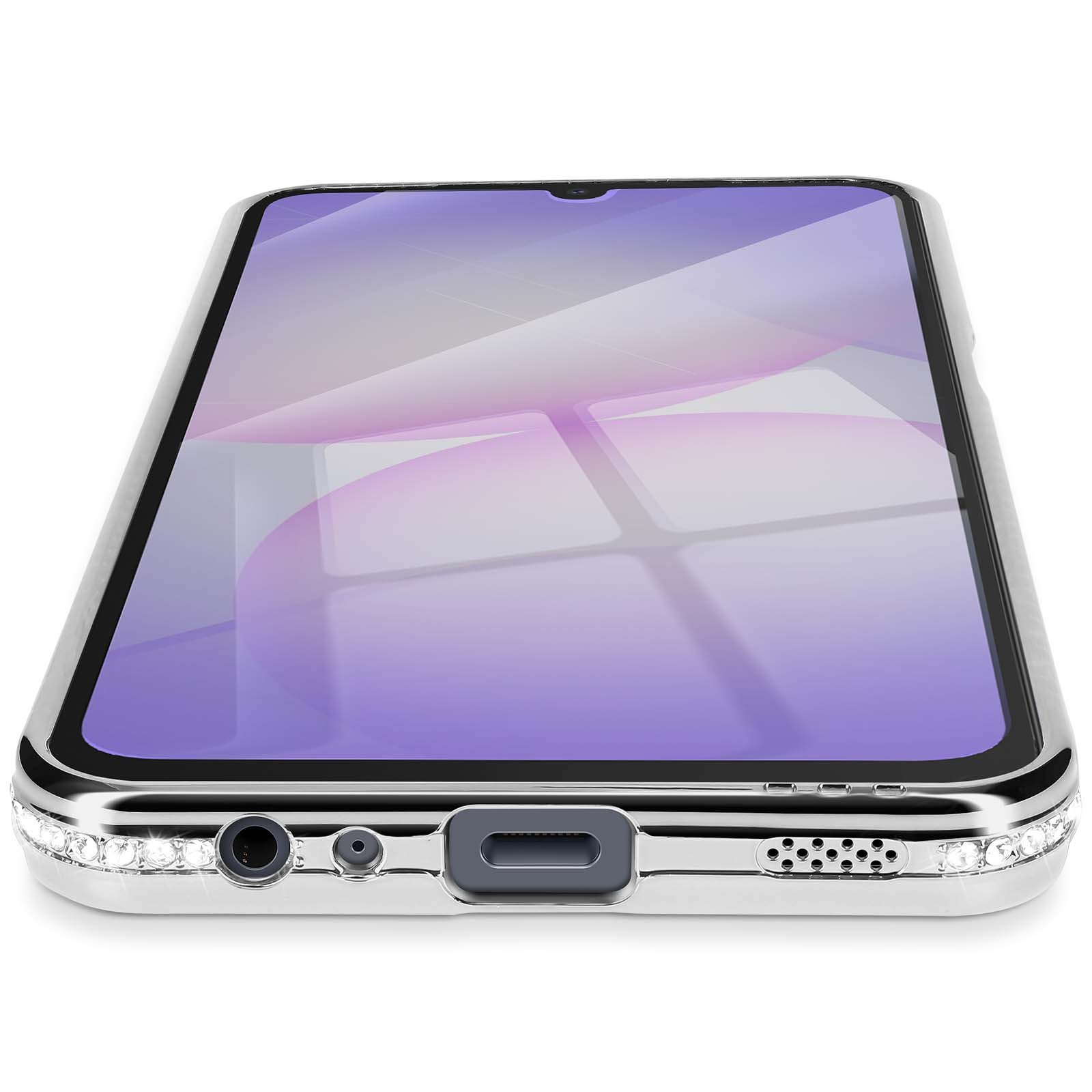 Primo piano di un telefono argentato con schermo viola. La custodia ha strass e un bordo nero.