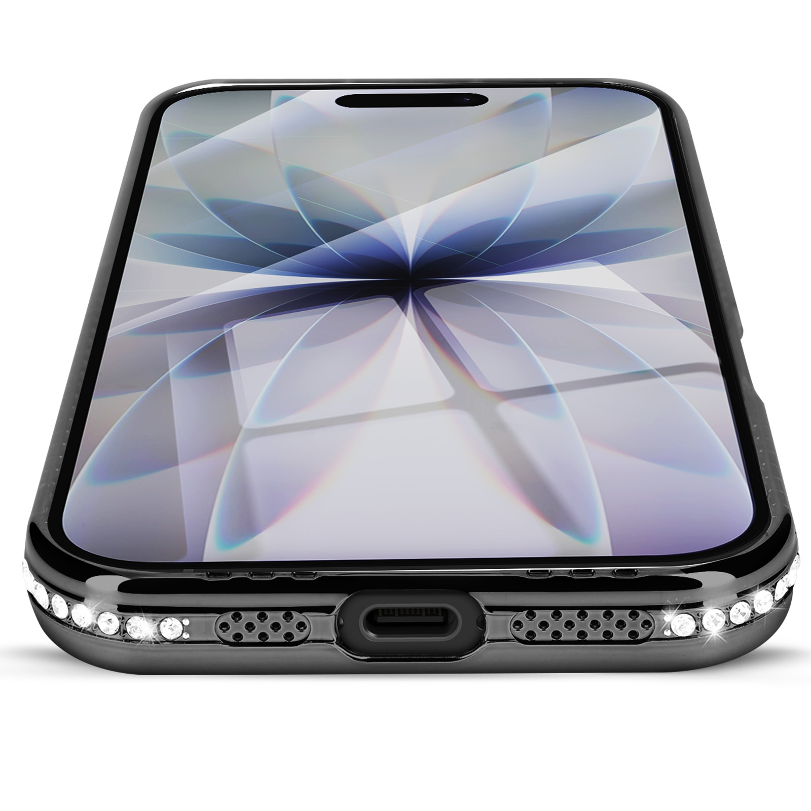 Smartphone noir avec fond floral à l'écran. Strass en bas.