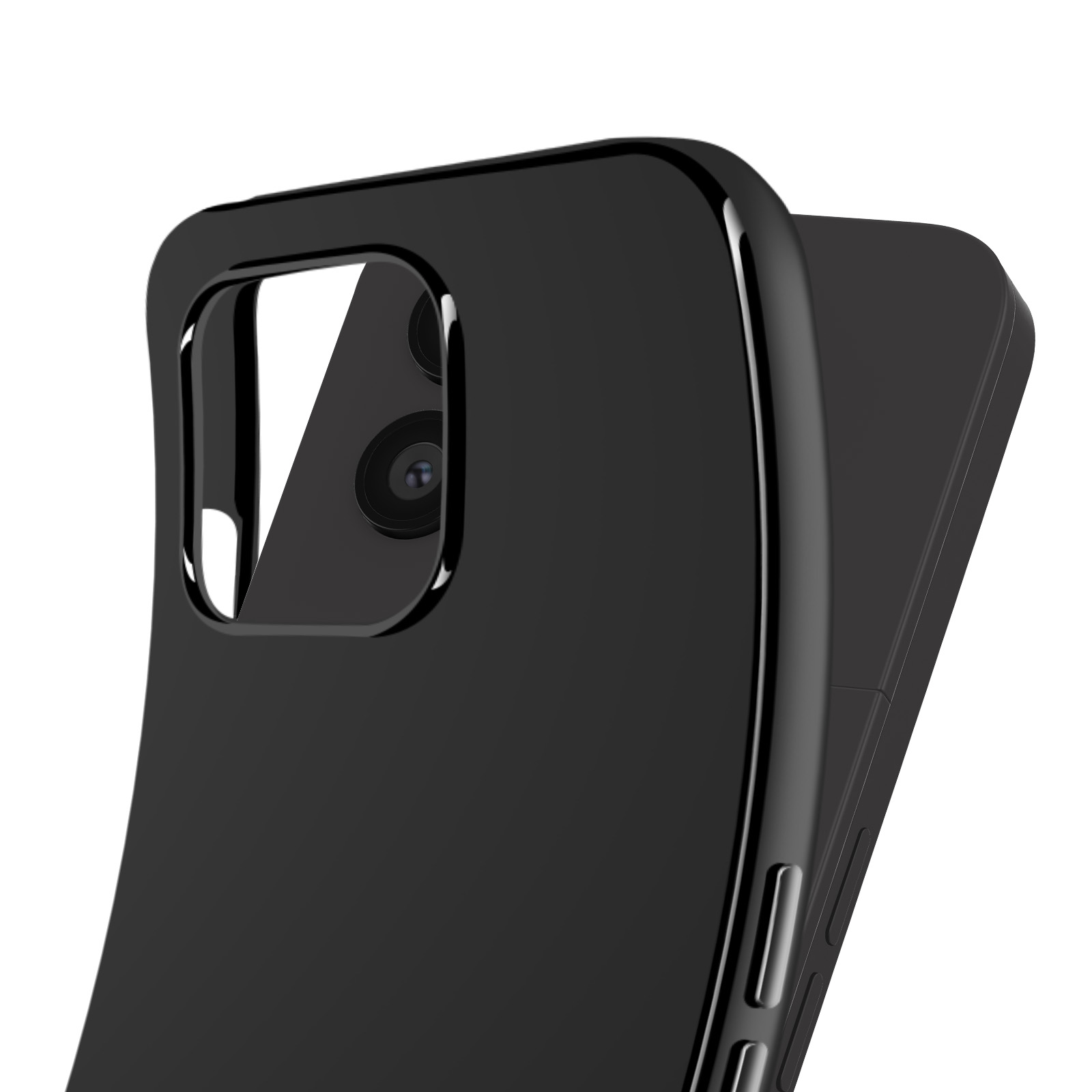 Close-up van een zwarte telefoonhoes. De hoes heeft een glanzende afwerking, een uitsparing voor de camera en zijknoppen tegen een witte achtergrond.
