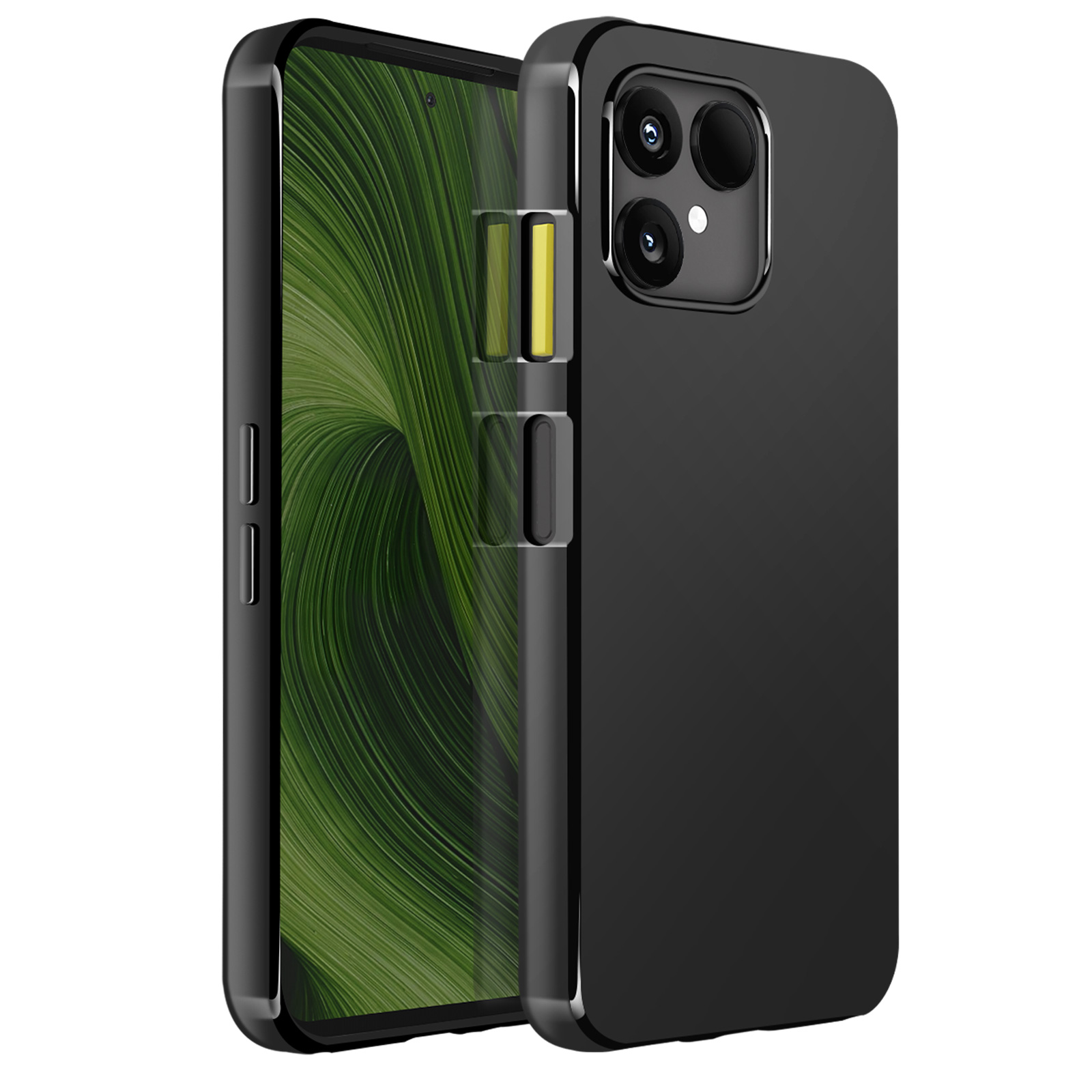 Zwarte telefoonhoes met een telefoon erin. Het scherm toont een groen patroon. De hoes heeft twee camera's.