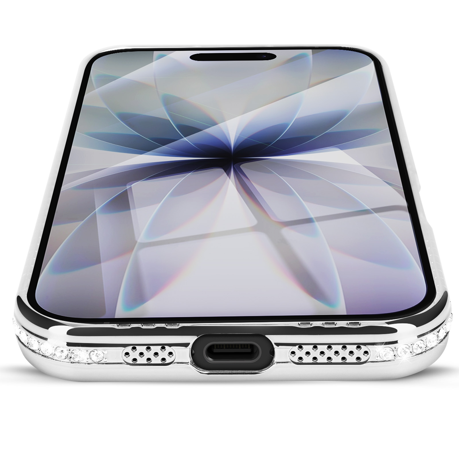 Un smartphone argenté avec un écran floral. Le cadre a des cristaux. Le fond est blanc.