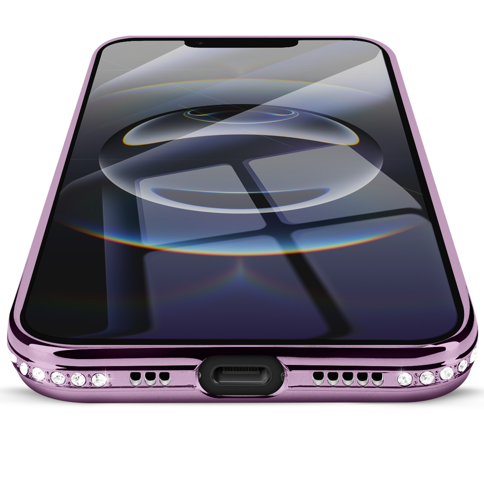Close-up van een telefoon in een roze hoesje met kristallen. Het scherm is donker en de hoes heeft reflecterende oppervlakken.