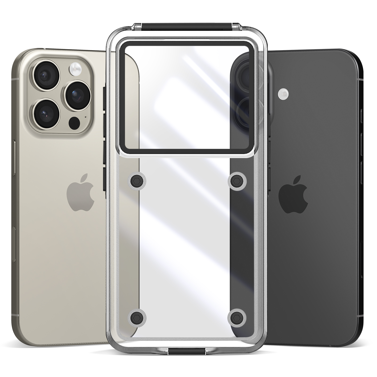 Drei iPhones: gold, klar umhüllt und schwarz. Klare Hülle ist zentriert. Apple-Logo auf zwei Telefonen sichtbar.