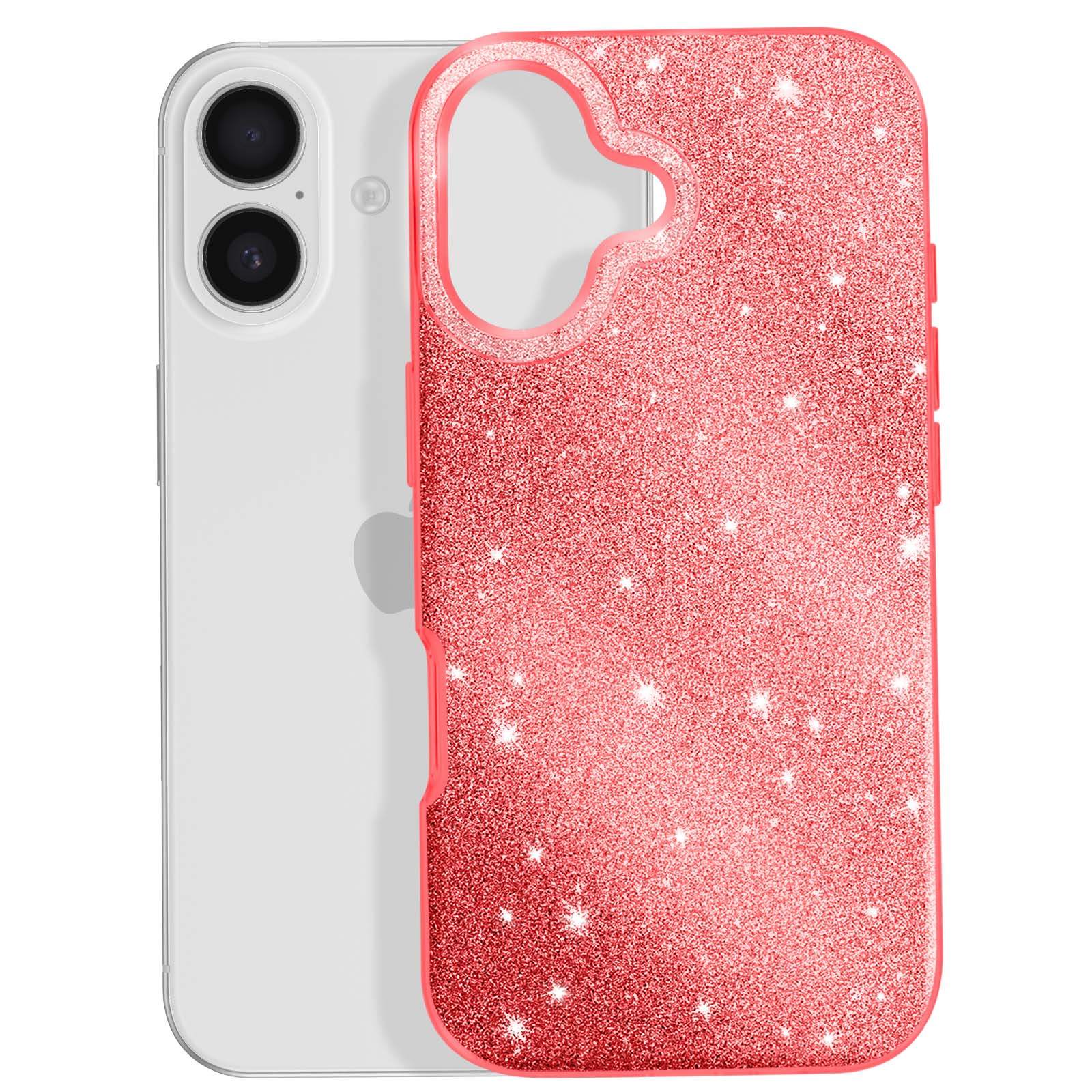 Een telefoon in een doorzichtige hoes met een rode glitter achterkant. De hoes heeft uitsparingen voor de camera en knoppen.