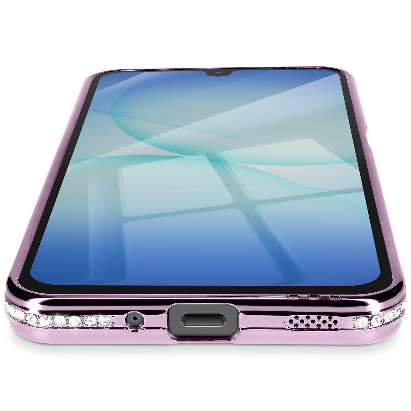 Un smartphone rose sur une surface blanche. Le téléphone a un étui décoratif avec des cristaux. L'écran affiche un design bleu et blanc.